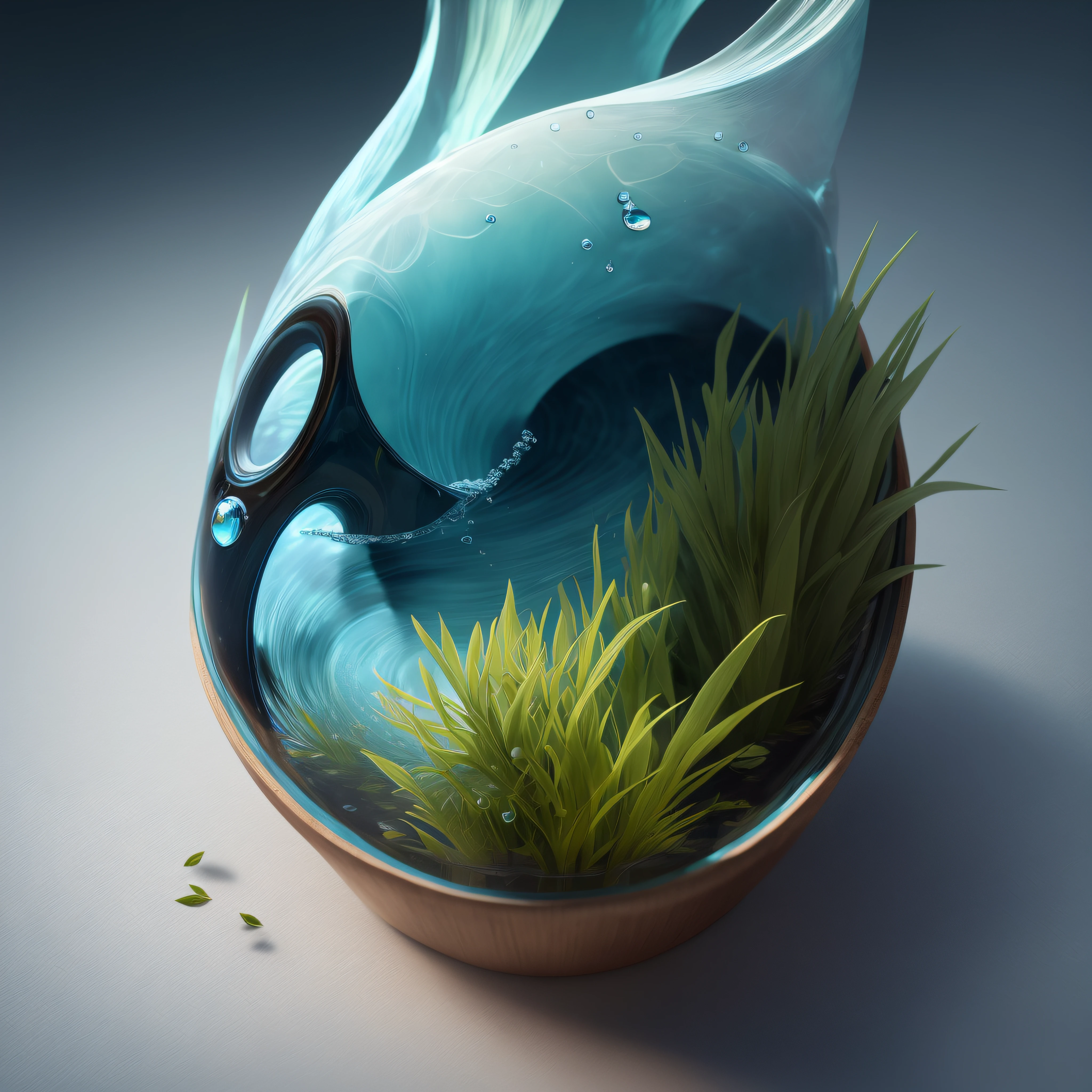 There is a blue vase,Inside there is a plant and a pair of scissors, stylized 3d render, trend on behance 3d art, trend on behance 3 d art, 3 d render stylized, 3 D 插图, 3D illustration, stylized as a 3d render, 3 d artistic render, 3d render digital art, water art manipulation