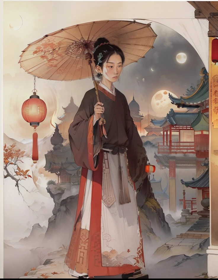 Ancient Chinese landscapes,Ancient buildings,Pavilions,Carved beams and paintings,enchanting scenery,Night,Moon light,Layered, Rich light and shadow,Mid-Autumn Festival, Ink painting style,clean color,Low-saturation colors,Colors of low brightness,Decisive cut,Leave white space,impressionistic,tmasterpiece,ultra - detailed,Epic composition, HighestQuali,hyper realisitc,Art germ --v 6