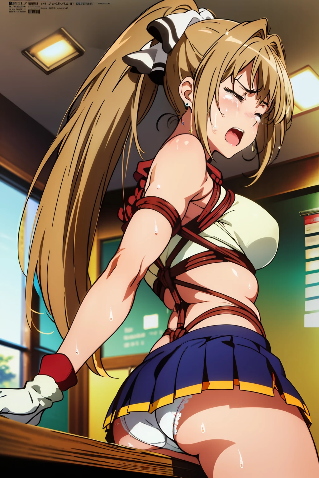 Sento Isuzu,cel anime,official art, (back shot,ass,butt up,back view,ass,butt up,from miniskirt,from behind:1.2),(thighs:1.1),back facing,show off panties from miniskirt, (ass view from miniskirt:1.3),(sweat skin:1.3),(day), classroom,(cute cheerleader uniform costume,cute super short miniskirt,sexy white panties:1.2),brown_hair,brown_eyes,long_hair,ponytail,(rope shibari over the clothes:1.4),(arms behind head), (upskirt1.2),panties focus,stand split leg, i-balanced, 1 girl, 18yo,Young female,Beautiful Finger,Beautiful long legs,Beautiful body,Beautiful Nose,Beautiful character design, perfect eyes, perfect face, (frown,shame,embarrassed,anger,troubled eyebrows,crying,closed eyes tightly, opened wide mouth,screaming,full face blushing,:1.2),looking back,(Beautiful,large_Breasts,natural pointy tits:1.2), (beautiful_face:1.5),(narrow_waist),panties,cameltoe,erotic,choker, white gloves, elbow gloves, jewelry, earrings,  NSFW,extremely detailed CG unity 8k wallpaper, perfect lighting,Colorful, Bright_Front_face_Lighting, (masterpiece:1.0),(best_quality:1.0), ultra high res,4K,ultra-detailed, photography, 8K, HDR, highres, absurdres:1.2, Kodak portra 400, film grain, blurry background, bokeh:1.2, lens flare, (vibrant_color:1.2),