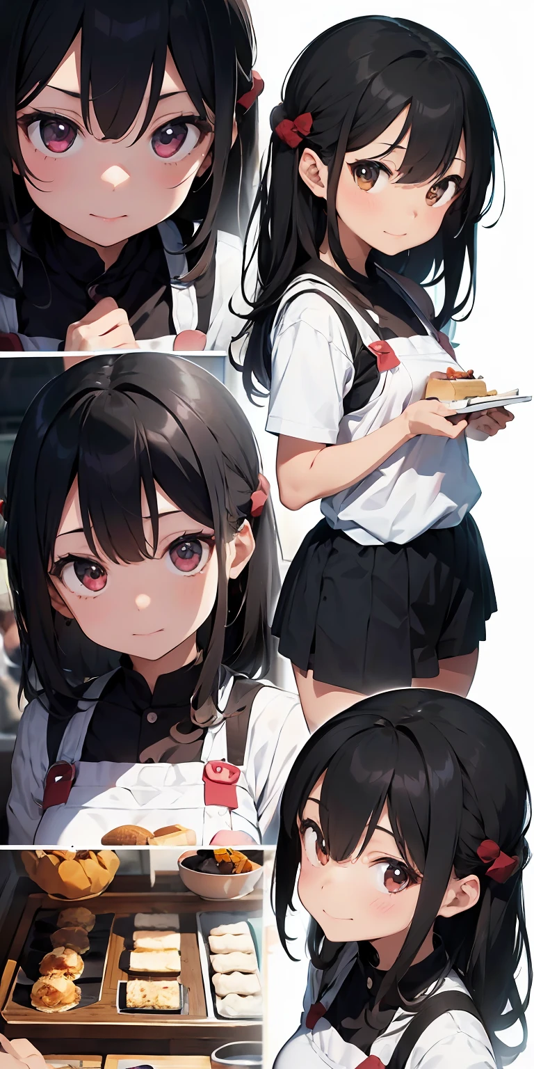 （CharacterDesignSheet,Same character full body,frontage,Lateral face,on  back)，absurd res, A high resolution, (巨作:1.4), A highly detailed, 1girll, From above, Dim sum shop,Make cakes, Snack costume chef, Sharp focus, (Cinematic lighting), (1girll), Slight smile