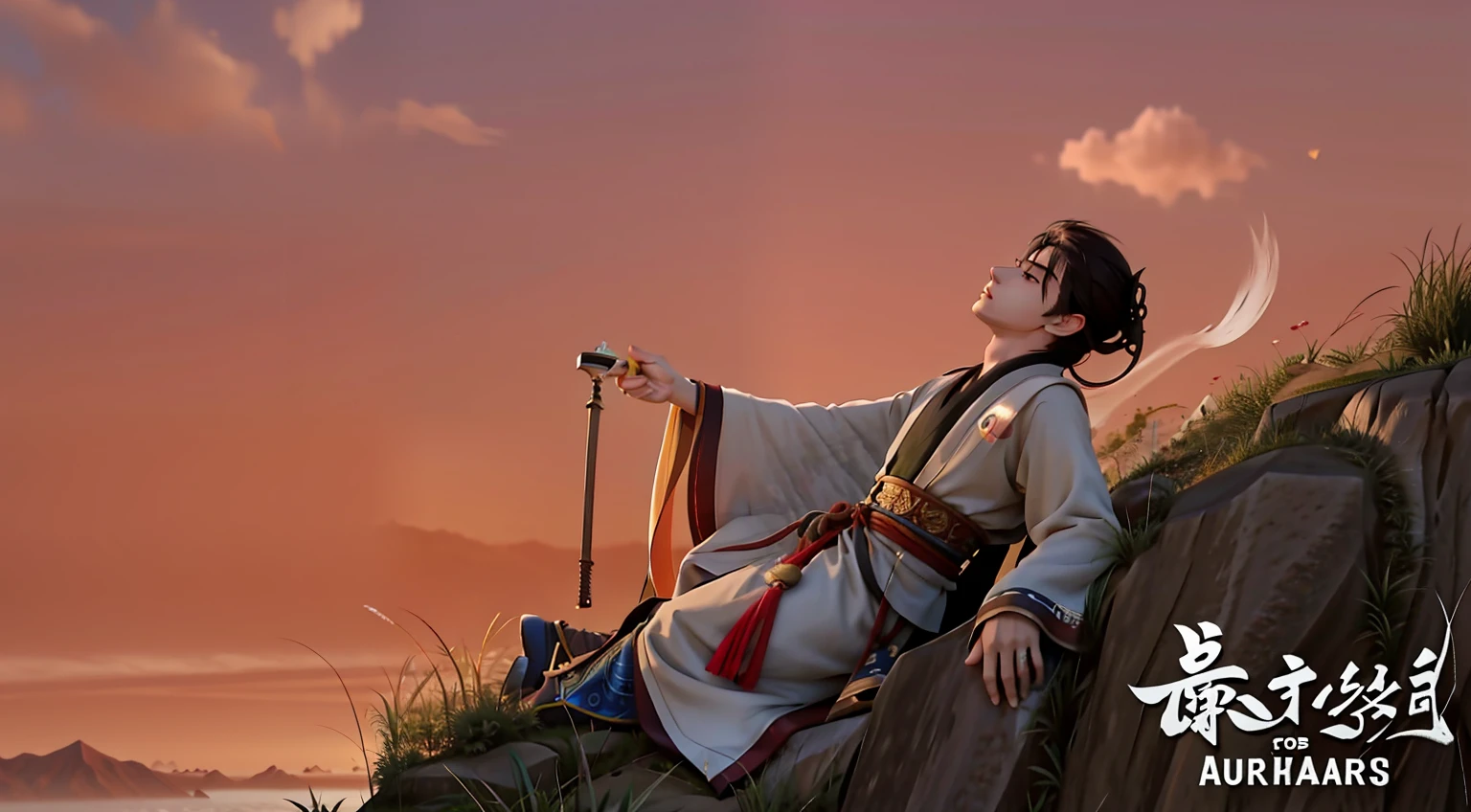 The Arafad man sits on a cliff,With a pipe in his mouth, movie screencap, animated movie scene, animated movie still, inspired by Zhao Mengfu, animated film kubo, resting after a hard fight, Inspired by Cao Zhibai, anime movie screenshot, ! A cinematic scene, inspired by Li Gonglin, animated movie still, animated movie still