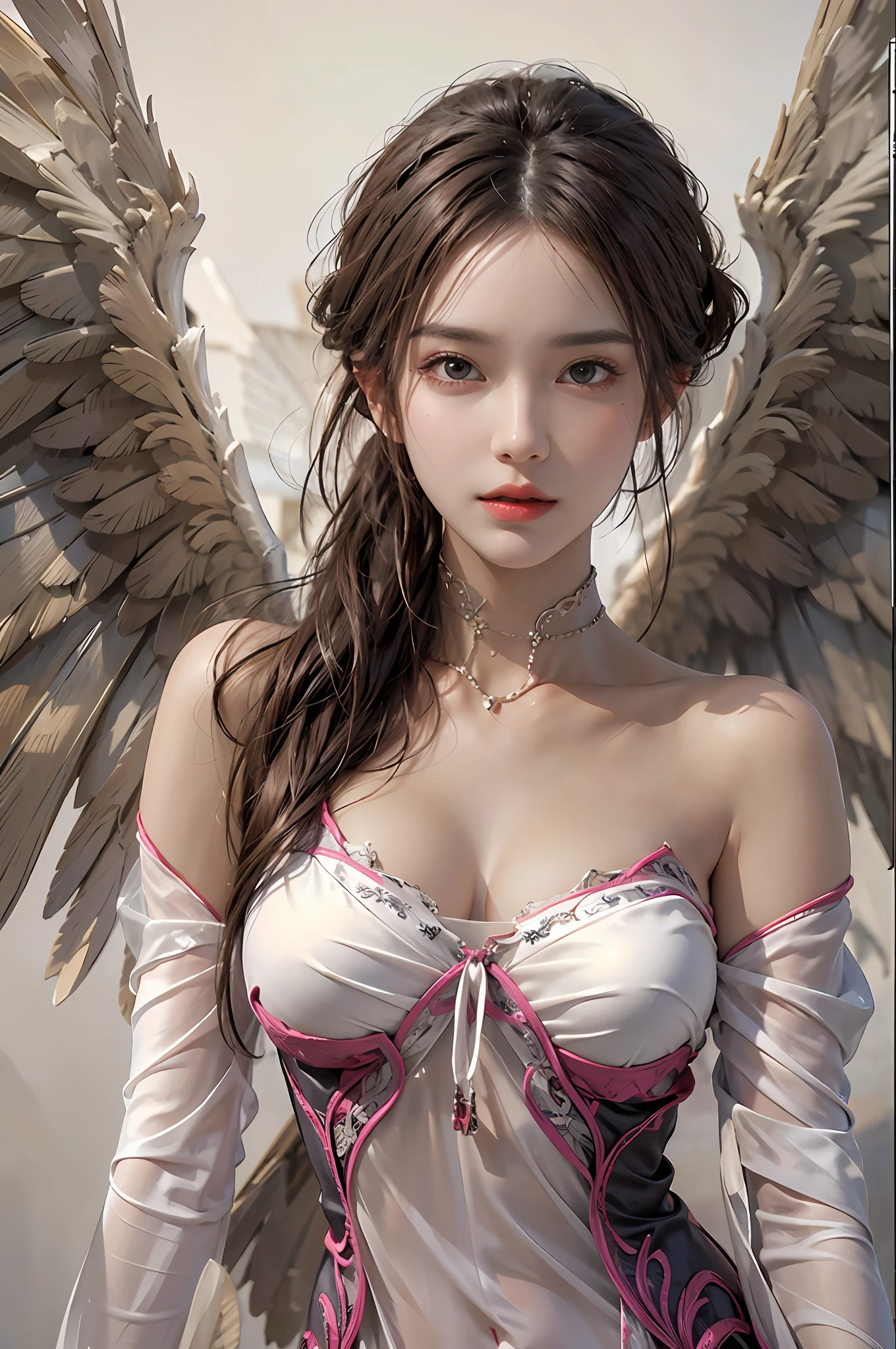 photorealistic, high resolution, 1 women, solo, hips up, look at viewer, (detailed face), medium breast, dress, angle wings