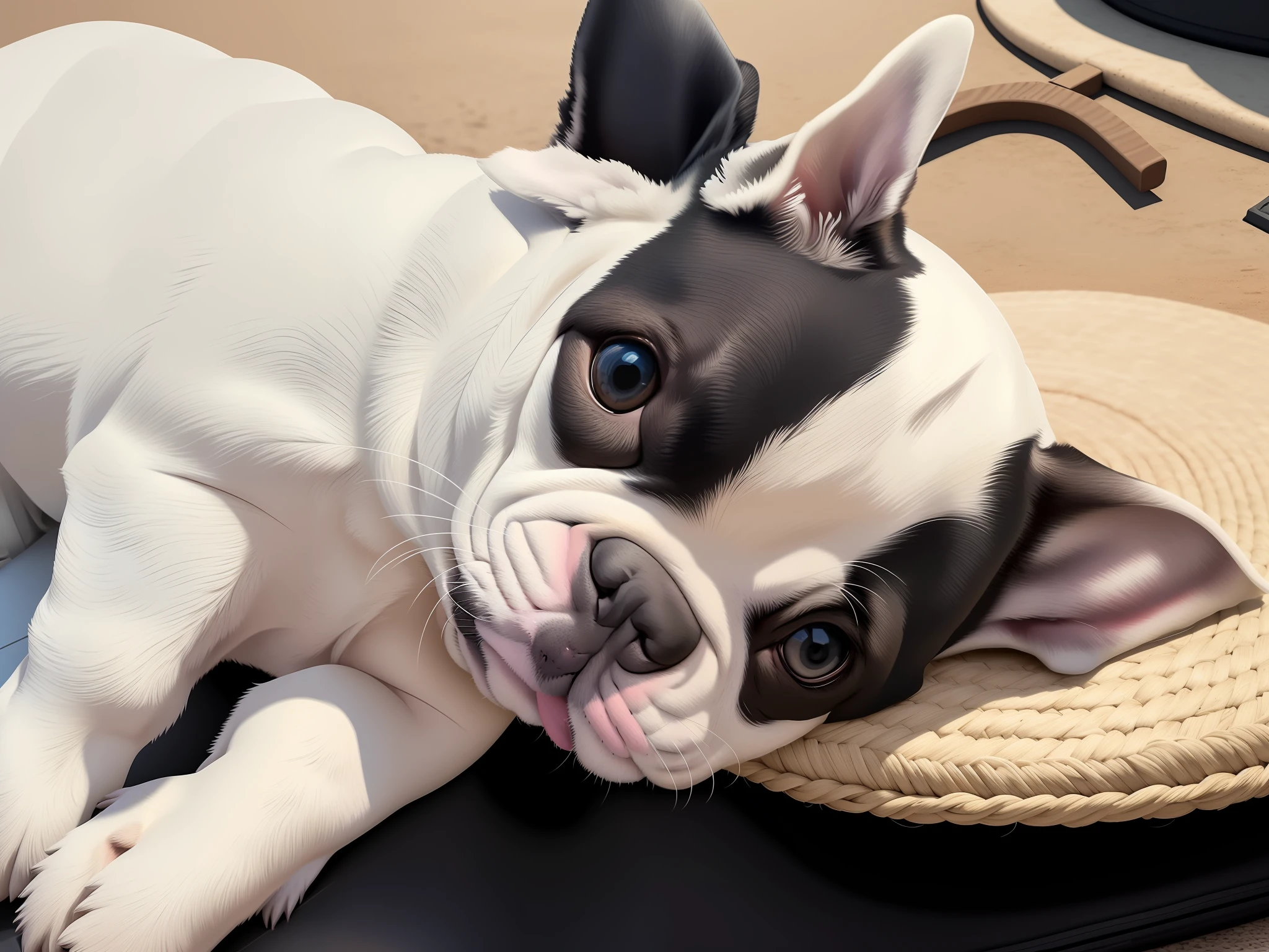 retrato ,White French Bulldog,fundo uma casinha,dia ensolarado 4K