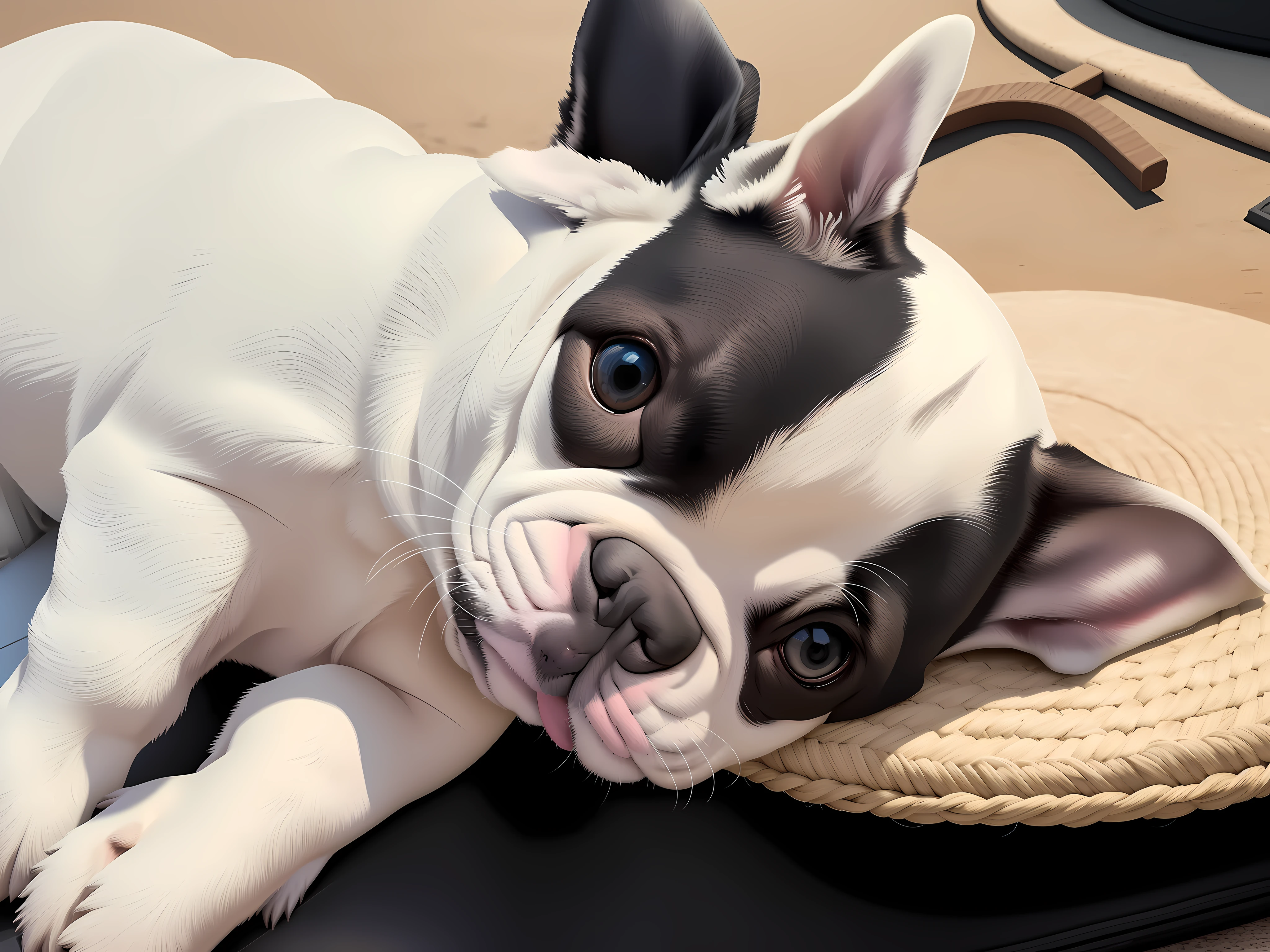retrato ,White French Bulldog,fundo uma casinha,dia ensolarado 4K
