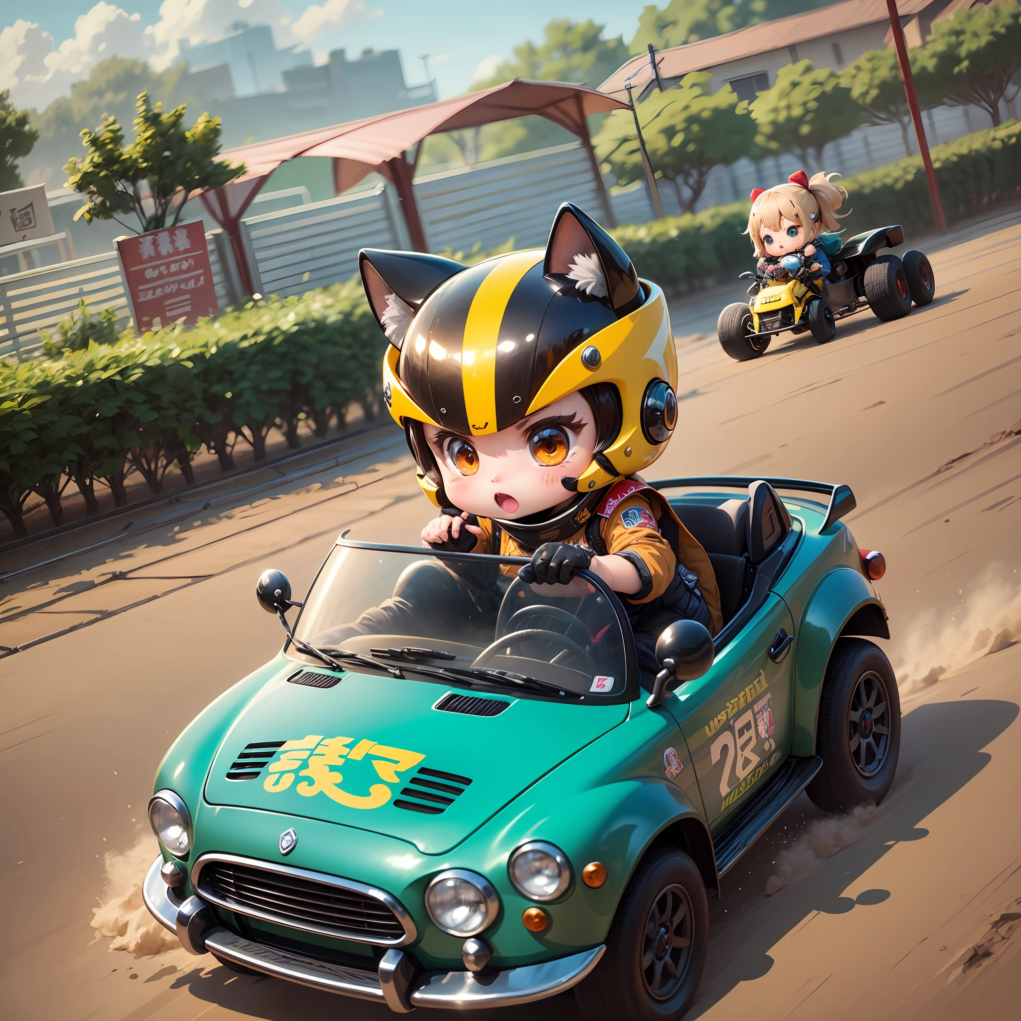 Chibi、cute little、kawaii、Tiny、(best qualtiy)、(masterwork:1.3)、ultra-detailliert、japanese anime style、Variety of animals、Animal Kart Racing、Off-Road Circuits、sandstorm、And go