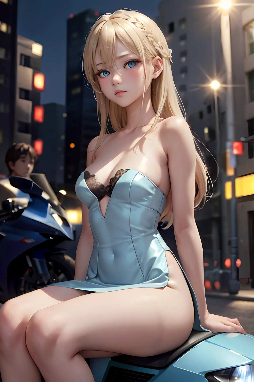 1girll,Sky blue lace strapless dress， blond hairbl,  Sit on a mecha motorcycle, urban backdrop, perfect  eyes, Loving pupils，perfect hand, 超高分辨率, Movie Angle, Professional lighting, best qualtiy, tmasterpiece, Sideslit, Sharp, Perfect focus，Background bokeh，realisticlying，（Delicate eyes：1.3），realisticlying，（3D脸：1.1），（Glow skin：1.5），（Ultra-high resolution complex facial details），（Facial skin pores：1.3），Ultra-high ress fabric texture，8k eye details，8K pupils，