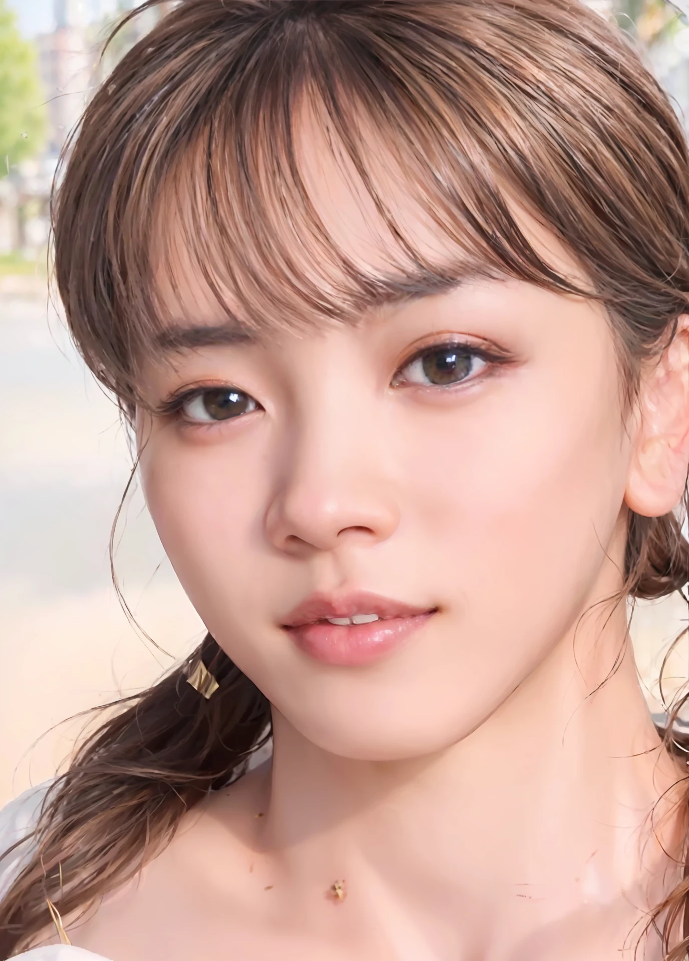 (8K, Raw photo), Film grain, 超A high resolution, Ultra-detailed, (ultra skin details),unbelievable Ridiculous, strong rimlight, ,Asian, Slim Girl, Seductive smile, stare, Small breasts, The tattoo,  Braided hair, ((light brown hair)), (Photorealistic:1.3) [maturefemale], Sunlight,1girl in, Instagram, Outdoors, (Black shirt), (((city))),(extra detailed face), (Bangs)