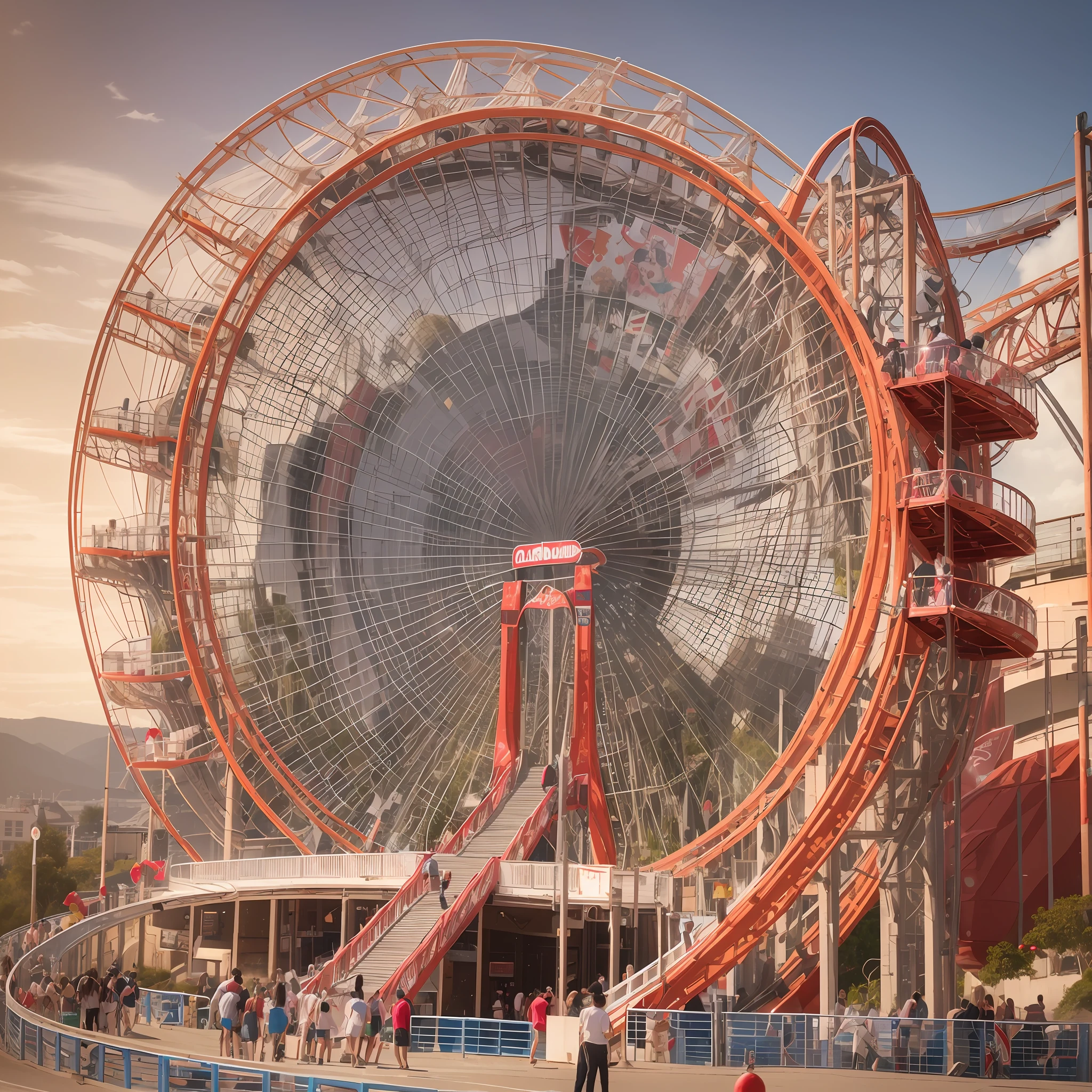 During holidays，A lot of people are playing roller coasters，Roller coaster, roller coasters, amusement park attractions, theme park，crazy racer spinning, zig-zag, dreamworld, it is very huge, White and red color scheme