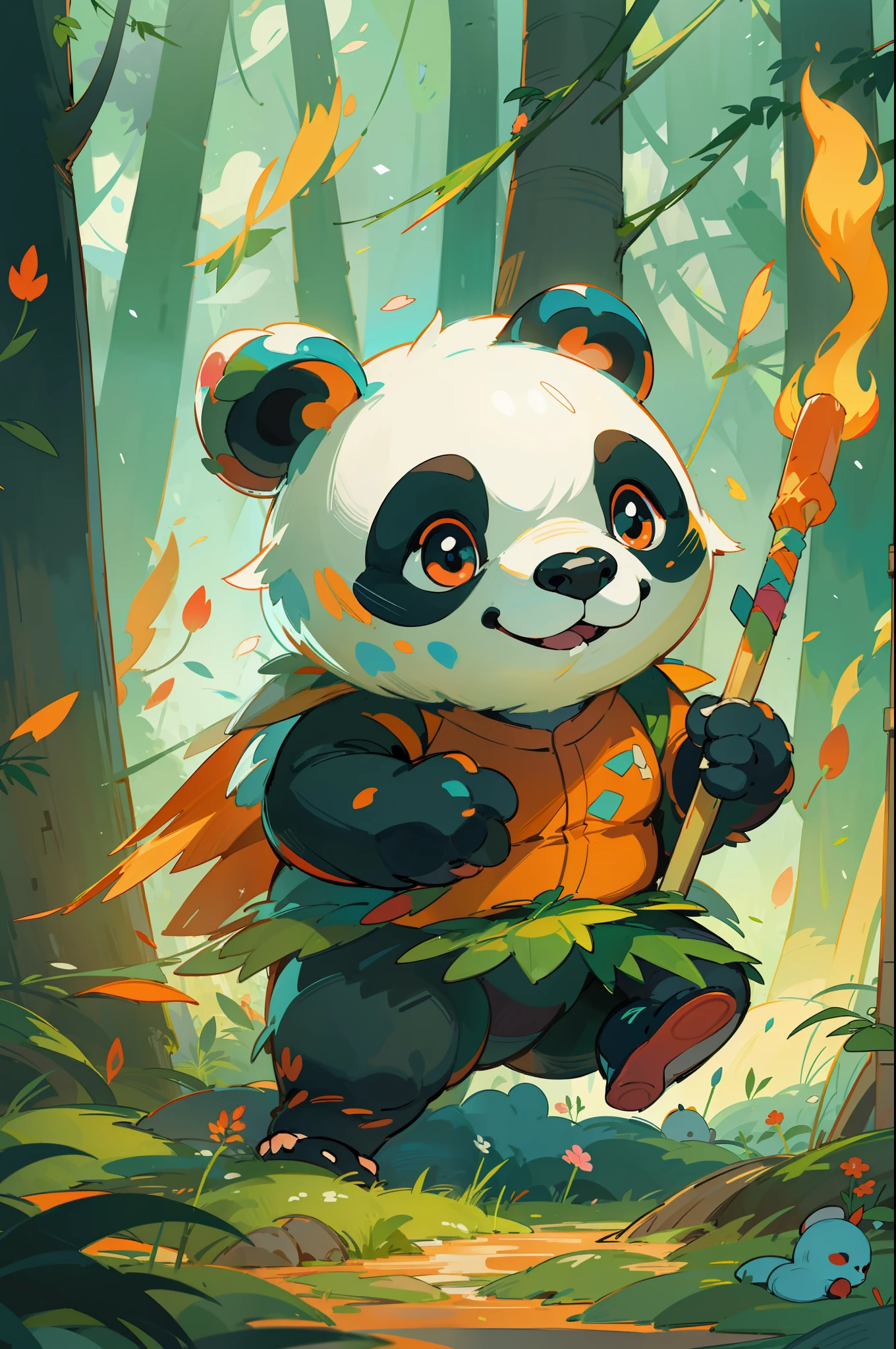 Panda bear holding a fire stick in the forest, Panda running, Sports coat，Cute panda, lovely digital painting, Game illustration，Line clarity：fluency、Pubic area is clear，There is strength、There are changes、with a sense of layering。 Color saturation：Brightly colored、plump、brightly、plethora of colors、The colors are clearly layered。More details，illustration，realistic scene。