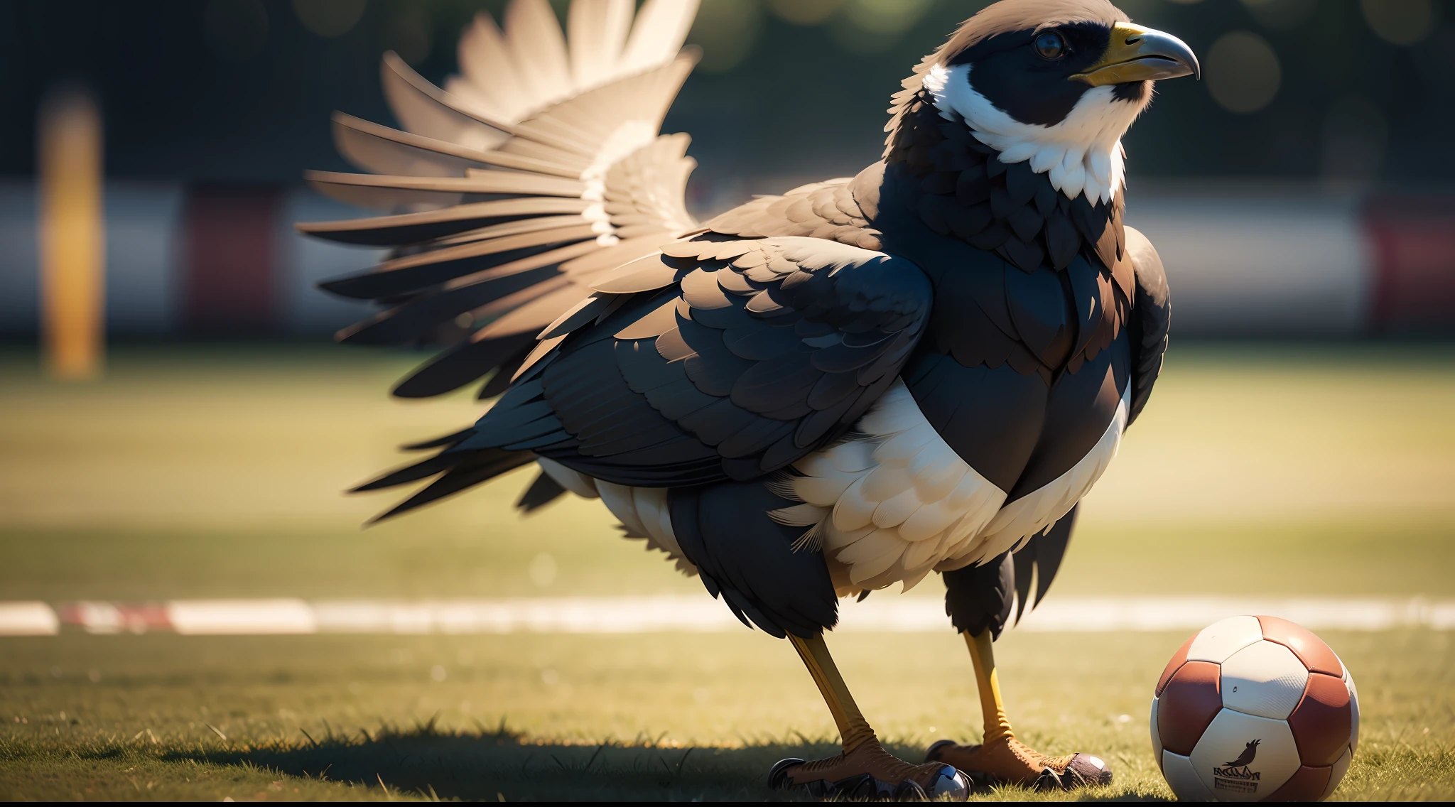 A bird stops on a football field，There is also a football next to it，In the distance, there are legs of several football players running from both sides of the picture，closeup cleavage，Background bokeh --auto