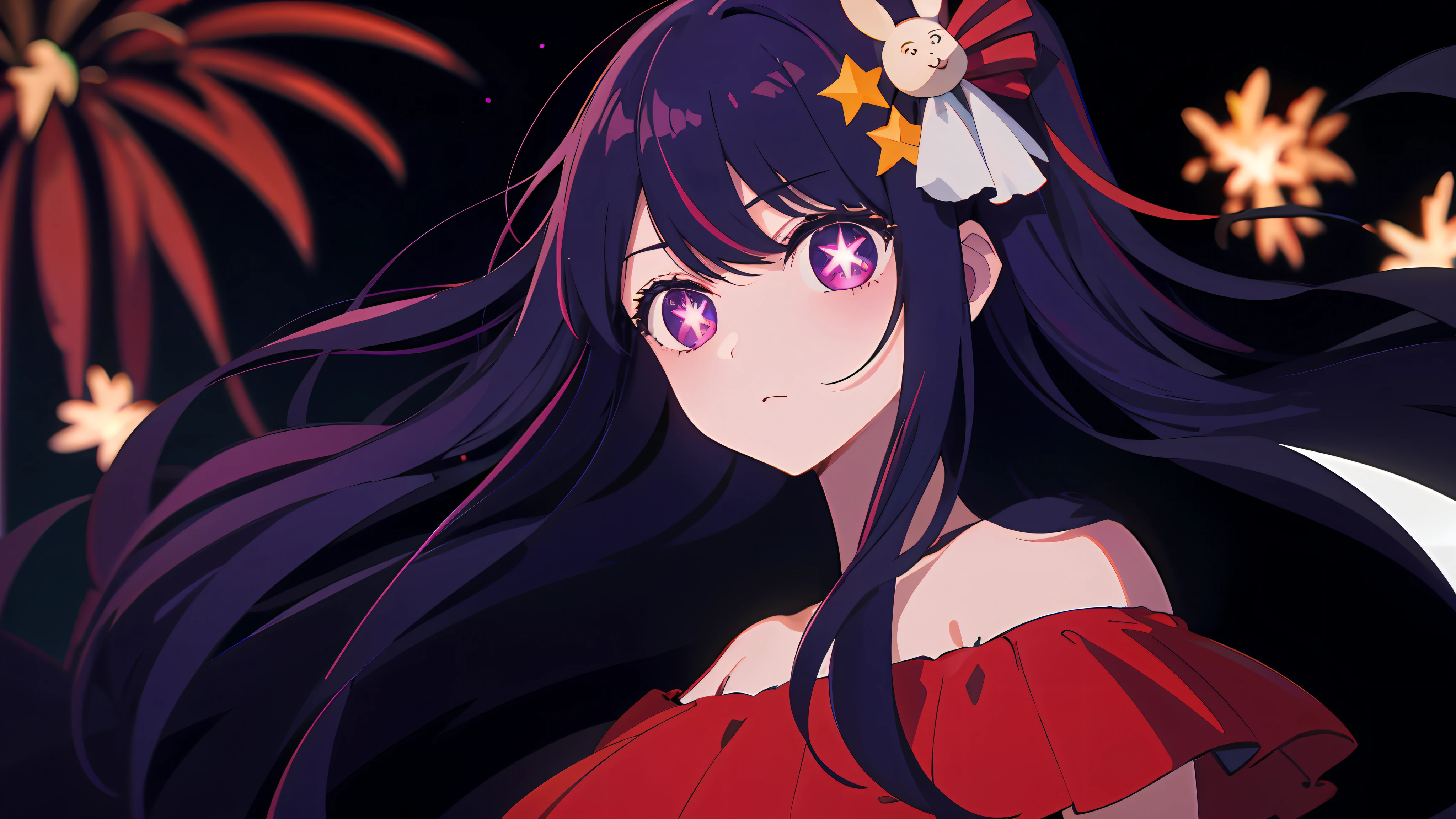 (masterpiece, best quality), ((1girl, (mature), Hoshino Ai, ), (dark purple hair, long hair, streaked hair, beautiful hair, hair ornament), (purple eyes, star-shaped pupils, +_+, symbol-shaped_pupils, sparkling_eyes, beautiful eyes, eye highlights, sharp eyes), (looking at the viewer, off shoulder)), (simplier background, dark background, fireworks), (abstract art, highres, chromatic aberration), (),
