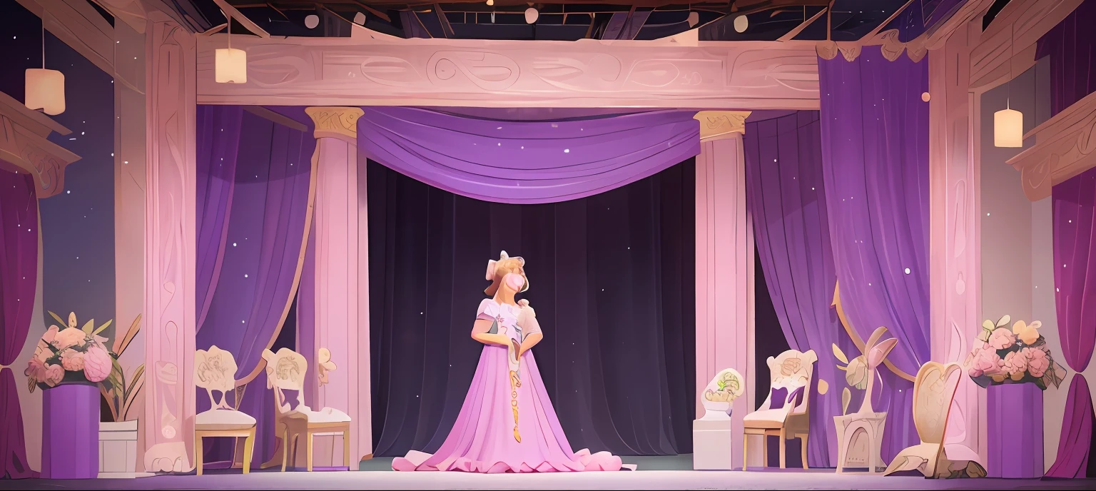 (Masterpiece))((best qualtiy)).8K.超詳細: The stage features stunning princess-themed décor,With pure style as a backdrop, Solid color. The color chosen for the background can be soft and delicate pastel tones,Such as pale pink or lavender, Or vibrant and palatial shades,Such as royal purple or deep rose.