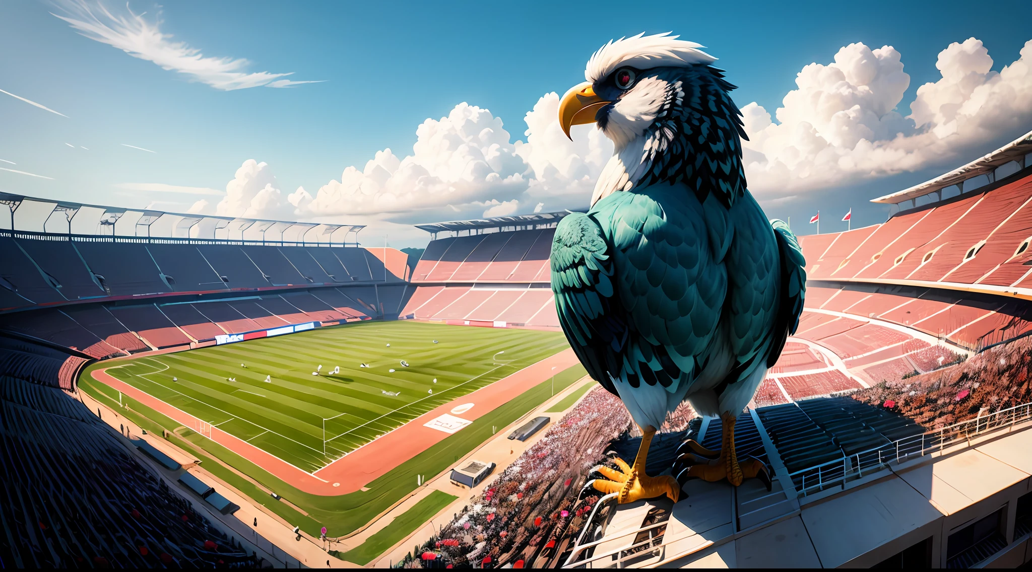 A huge bird overlooking the sports field from the sky，bird's eyes view，Special Studies，fisheyelens，tmasterpiece，Panorama Figures，with blue sky and white clouds，down view --auto