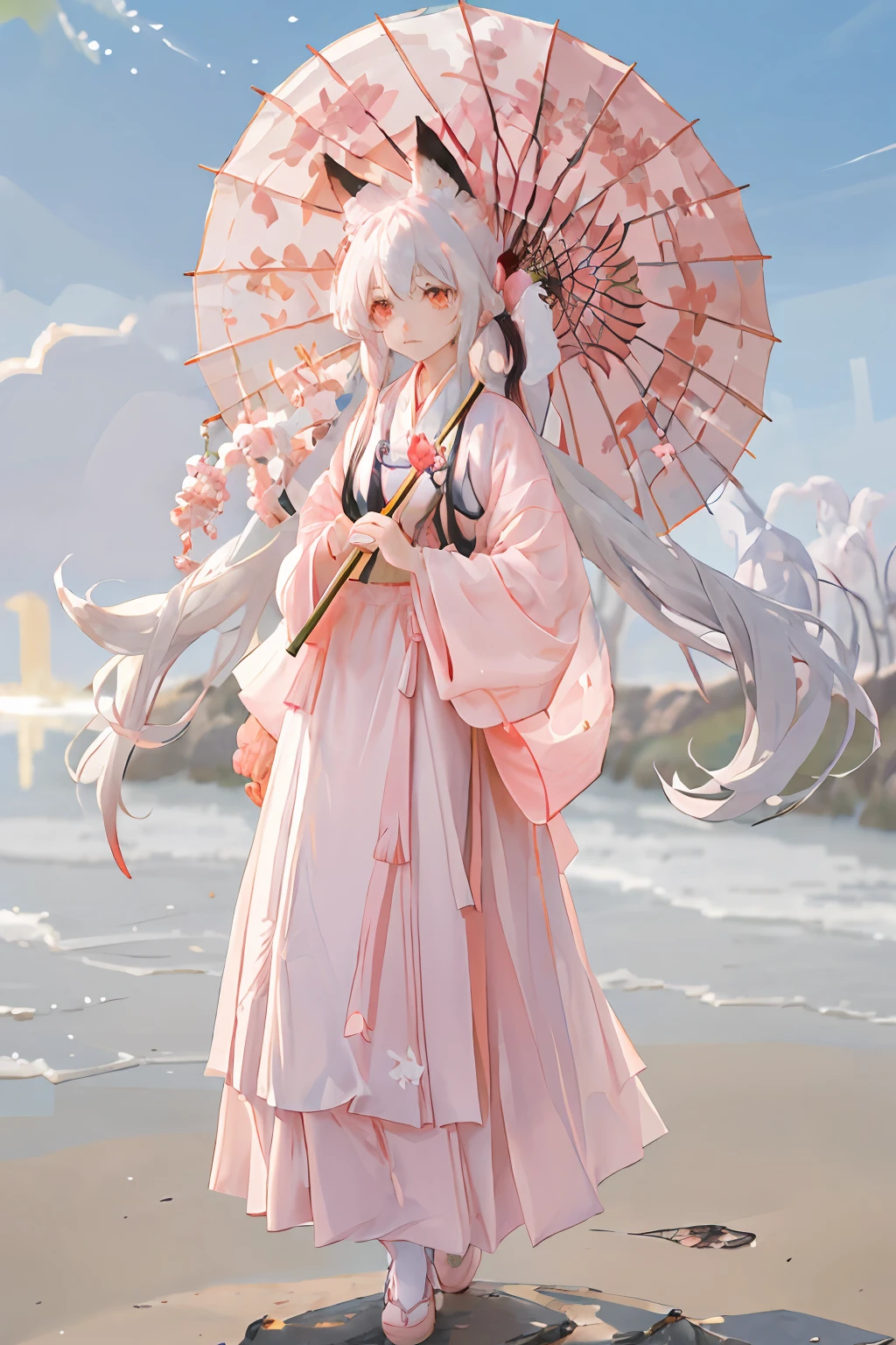 bit girl,long white hair,fox ear,fox tails,Pink eyes,Pink and white Hanfu,oil-paper umbrella,drizzle,A sad look
