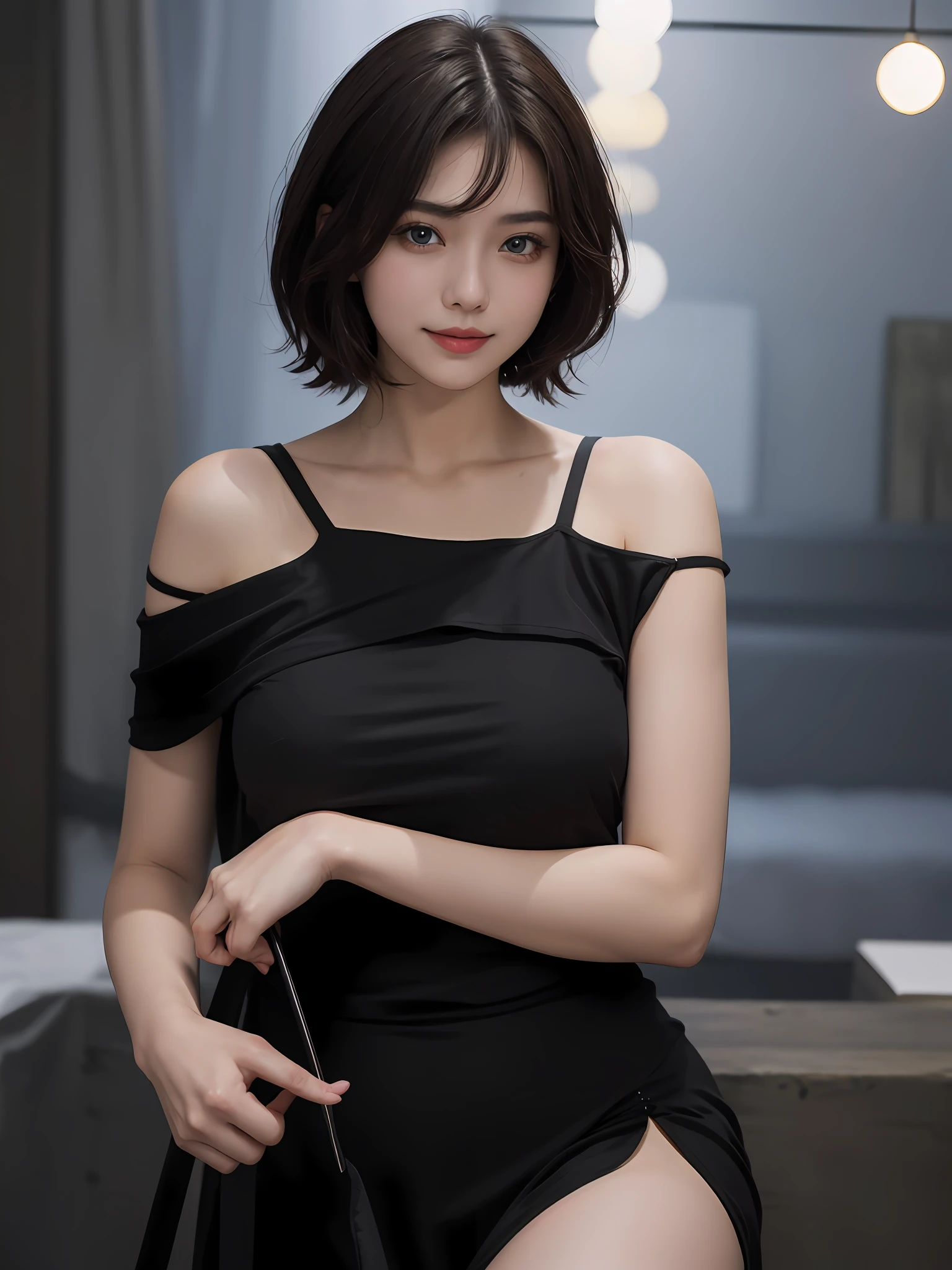 best qualtiy, tmasterpiece, 超高分辨率, (realisticlying:1.5), RAW photogr, 1girll, bshoulders, in the darkness nigth, deep shading, low tune, cold light, Sexy look, short detailed hair,fully body photo,eBlue eyes,A brown-haired,Low-cut black T-shirt,Black long dress,High slit,Large breasts,Graceful figure,A thousand flavors,Sideways to face the camera,There is light in the eyes,Smile and gaze
