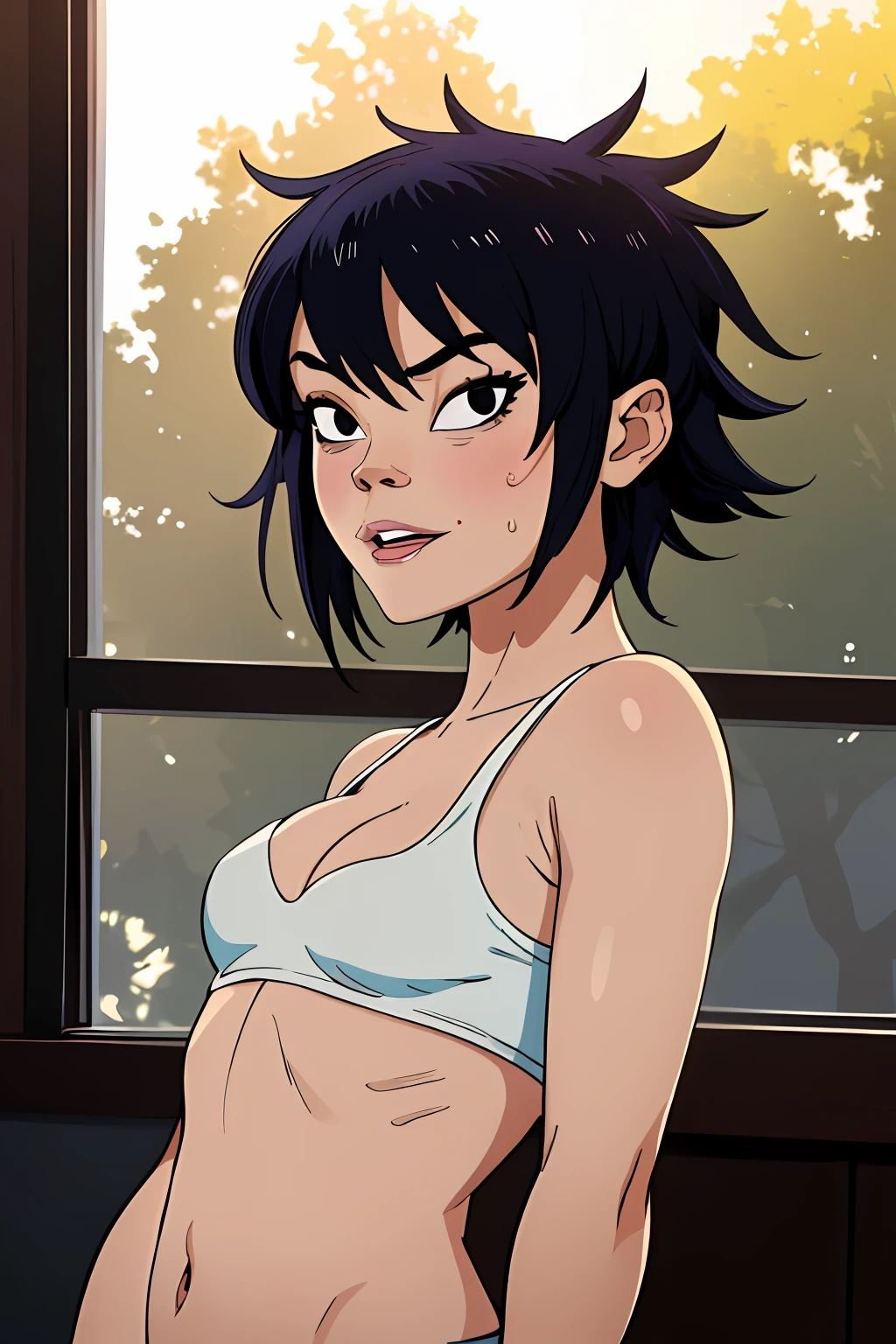 (masterpiece, best quality:1.2),  noodle (gorillaz), 1girl, black hair, solo, black eyes, smile, short hair, indoors, small breasts, bob cut, Sunlight, (parted lips:1.4), (nose blush:1.2), foreshortening, blackcutoffs, (eye contact), high contrast, ultra high res, high resolution, detailed, breasts visible, Showing breasts, (cinematic lighting), ((high-angle view)), (half body shadow), [backlighting], [crepuscular ray], [detailed ambient light], [gray natural lighting], [ambient light on the belly], (higher wildlife feral detail), [explict content], [sharp focus], (questionable content), (shaded), Commission for High Res, detailed image, bright colors, detailed face, perfect lighting, perfect shadows, perfect eyes, girl focus, flawless face, gorgeous body, shiny body, center focus, gaze at the viewer, (illustration:1.2), (cinematic lighting:1.3), balanced coloring, global illumination, ray tracing, good lighting, cleavage, attractive body, sexy body, looking at viewer, SFW, portrait, skinny, 13 year old Japanese girl, hair covering eyes, hair on eyes, underage, clothes lift, wind lift, wind, floating hair, window, sunlight, close-up, no panties, female pubic hair, open eyes, open mouth wide hips, sweat, sweatdrop, lifted by self, from below,