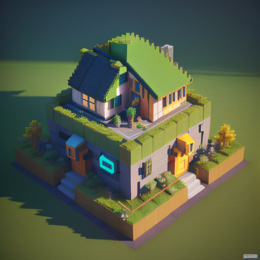 Small house with green roof closed, stylized 3d render, 3 d render stylized, isometric voxel art, stylized as a 3d render, realistic 3 d style, super detailed color lowpoly art, high quality voxel art, isometric voxel, 3 d low poly render, 3d low poly render,Mechanical style,mechs,CyberpunkCyberpunkCyberpunkCyberpunk