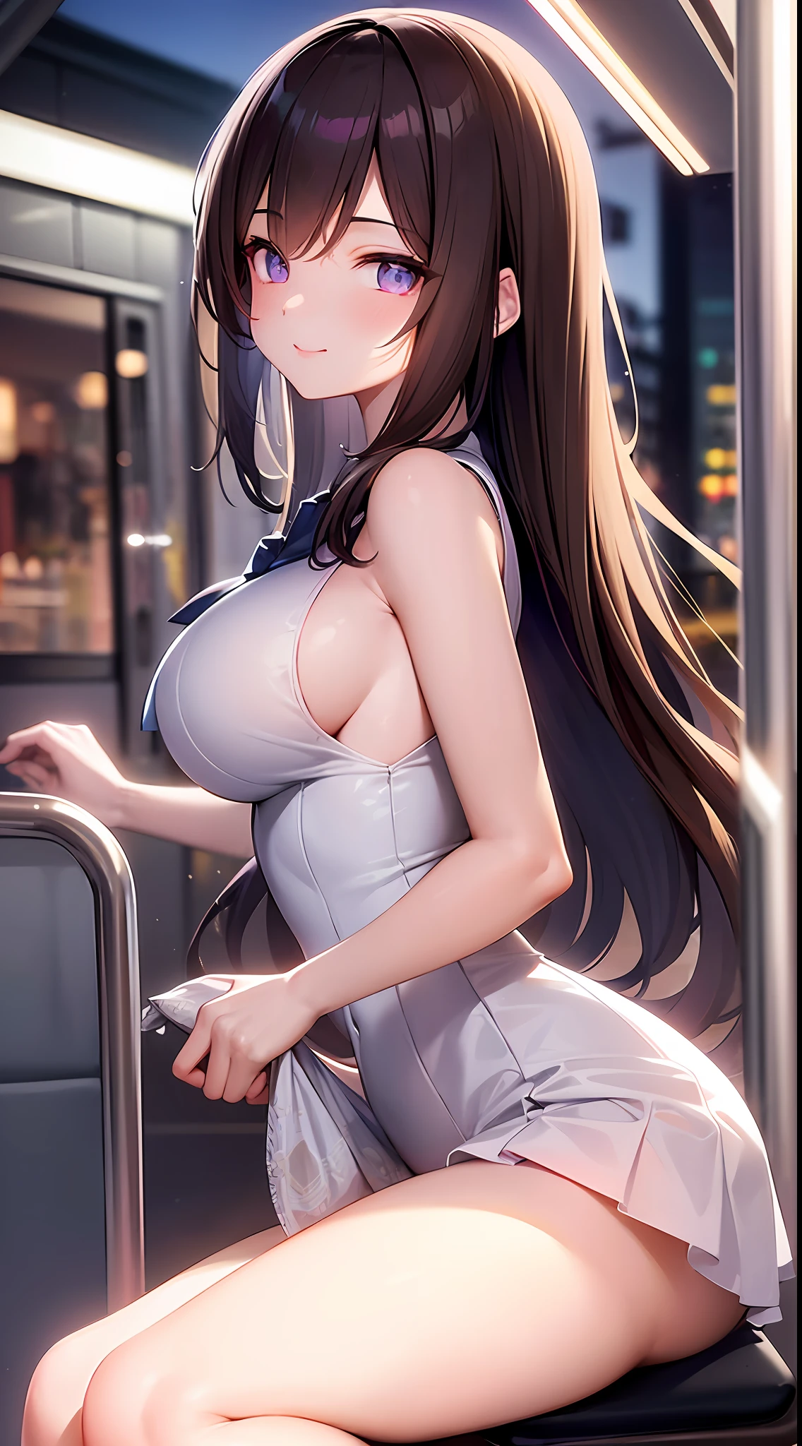 ((masterpiece)), ((best quality)), (ultra-detailed), ((kawaii)), cute, (lovely), ((sexy)), (ero), ((extremely detailed)), 4K, (8K), best quality, (beautiful), anime style, dynamic angle, upper body, face in profile, full body focus, on the train, evening, summer, a cute girl, 1girl, solo, sailor suit, beautiful light brown hair, beautiful purple eyes, ((beautiful eyes)), white-skinned, long hair, transparent hair, translucent hair, large breast, smile, lens flare, wind effect