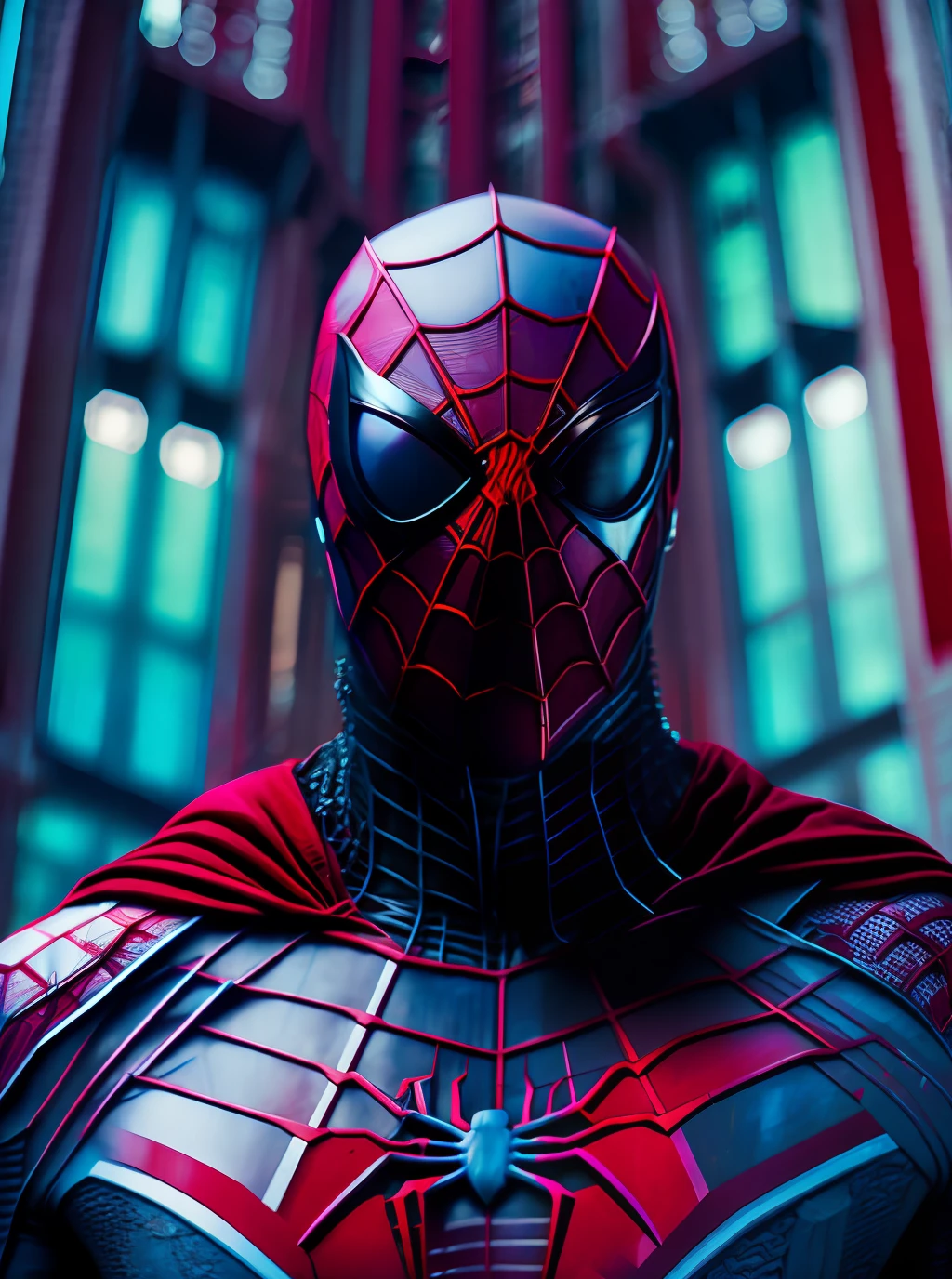 gloomy portrait of Bloody Spider-Man from Marvel with intricate angular cybernetic implants inside a brutalist building, gothic brutalist cathedral, cyberpunk, award-winning photo, bokeh, neon lights, cybernetic limb