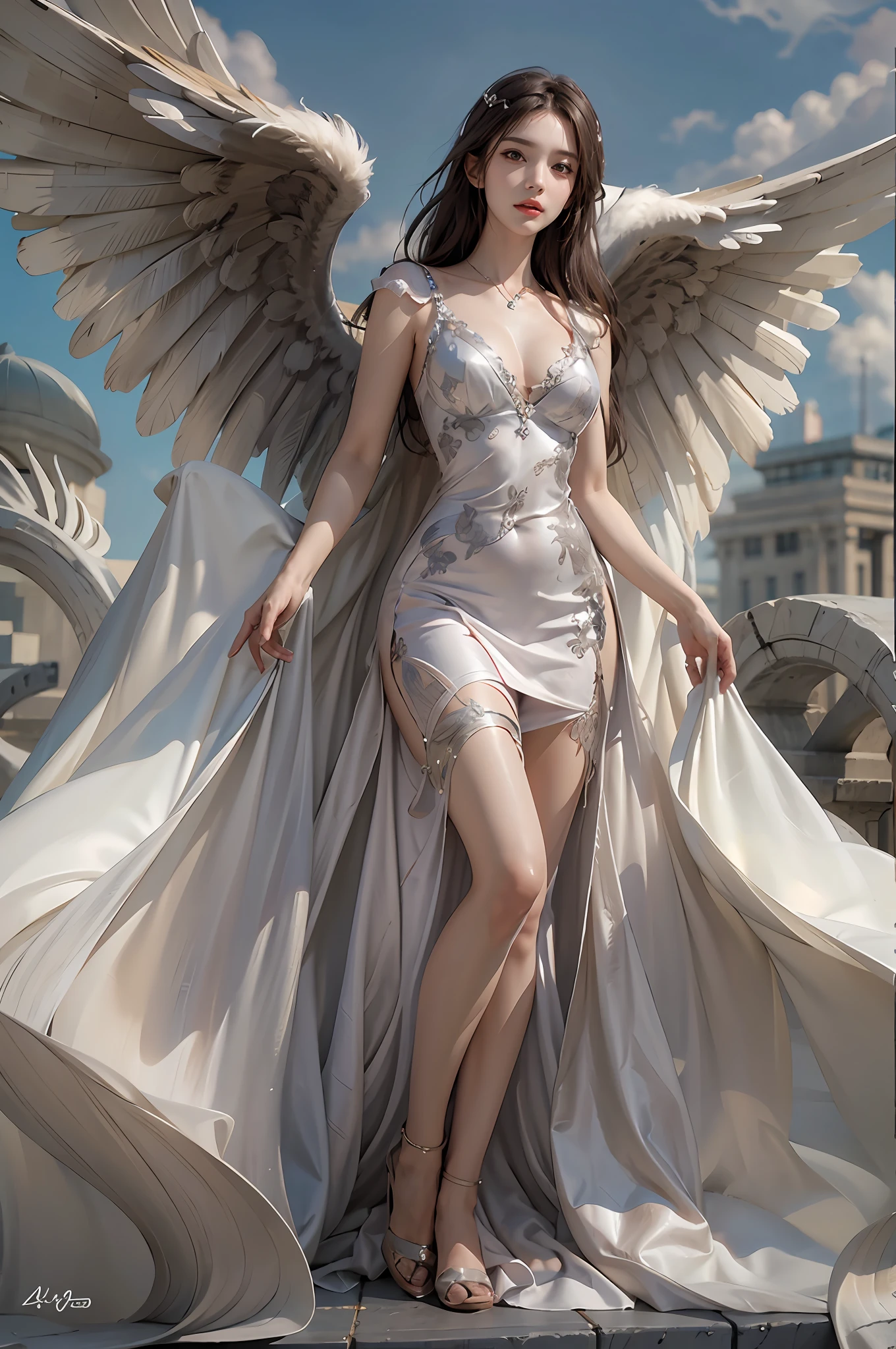 photorealistic, high resolution, 1 women, solo, hips up, look at viewer, (detailed face), medium breast, dress, angle wings