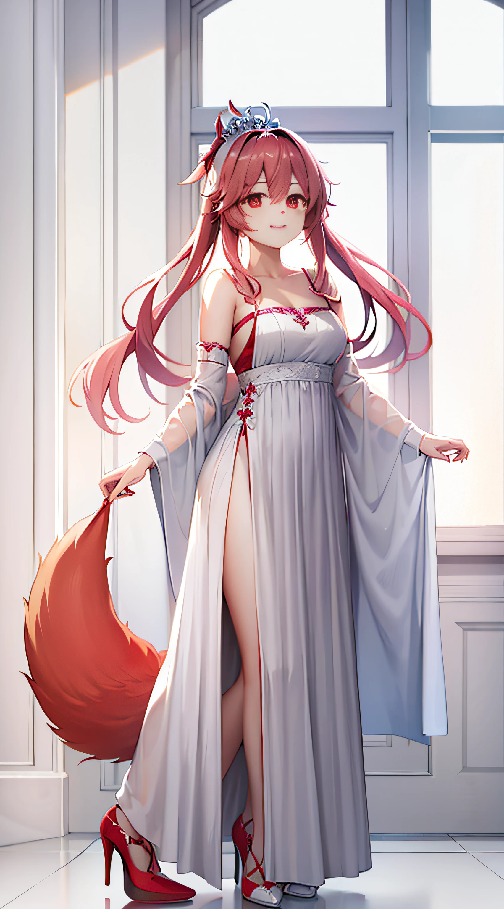 Demon Fox Maiden, Sakura tiara, robe, red hairband, coda, A foxy smile, Red eyes, high-heels, Enchanting breath,in a panoramic view,damp hair, Best image quality，higher details，超高分辨率，Ambient lighting，
