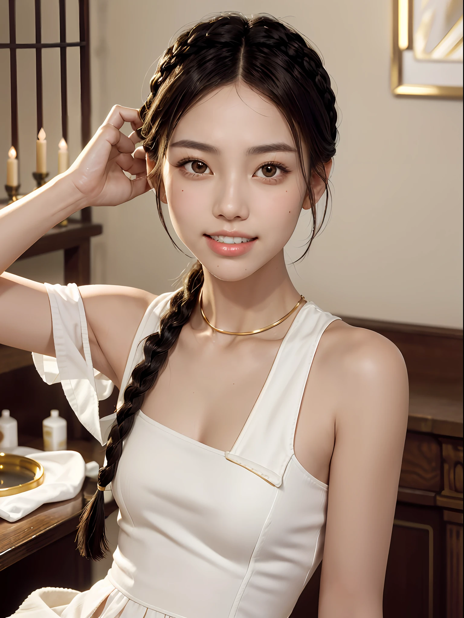 top-quality、​masterpiece、pretty hair、Gold Eye、Luxury clothing、look up to、Hair strands、light skinned、(((Clean teeth alignment)))、((perfect fingers))、(very_short_hair)、((Side braid))