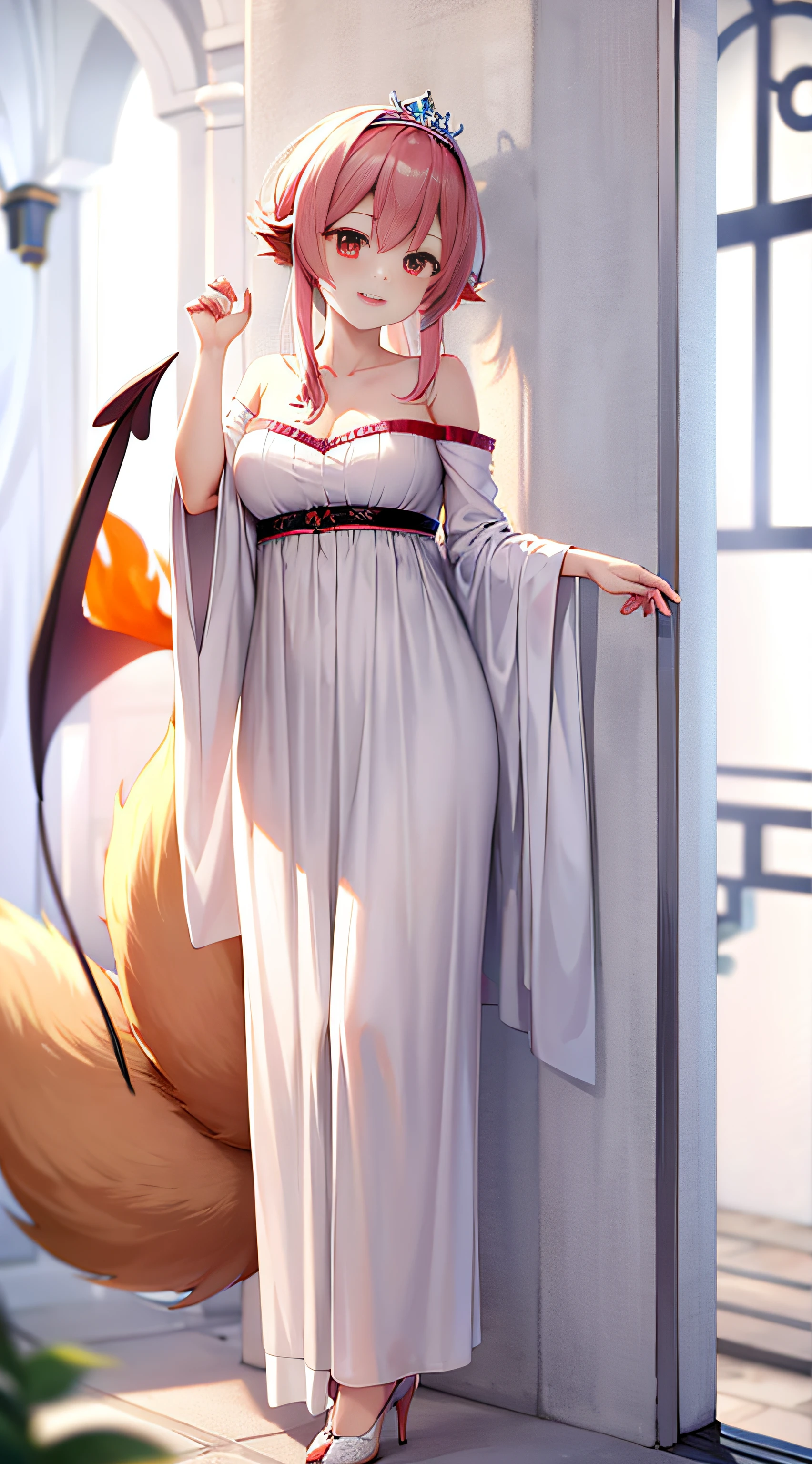 Demon Fox Maiden, Sakura tiara, robe, red hairband, coda, A foxy smile, Red eyes, high-heels, Enchanting breath,in a panoramic view,damp hair, Best image quality,higher details,超高分辨率,Ambient lighting,