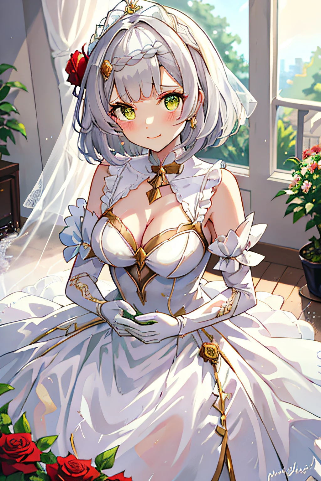 noelle (Genshin Impact),((Masterpiece)), (((Best quality))), ((Ultra-detailed)), ((illustration)), ((Disheveled hair)), ((frilld)), (1 girl), (Solo), Yellow-green eyes , Blush , Bob cut , bow , Clothing, Collar (clothes) , dress, Elbow gloves , Exposed shoulders, Female , flower , Silk gloves, Cross (symbol) hair pin , hair adornments , Holding , holding flower , view the viewer , Red bow, red line, Rose (flower) , Short hair, Smile , string, light yarn, Trailing wedding dress , White gloves , whaite hair, White hand ornaments,(Red roses in hand),