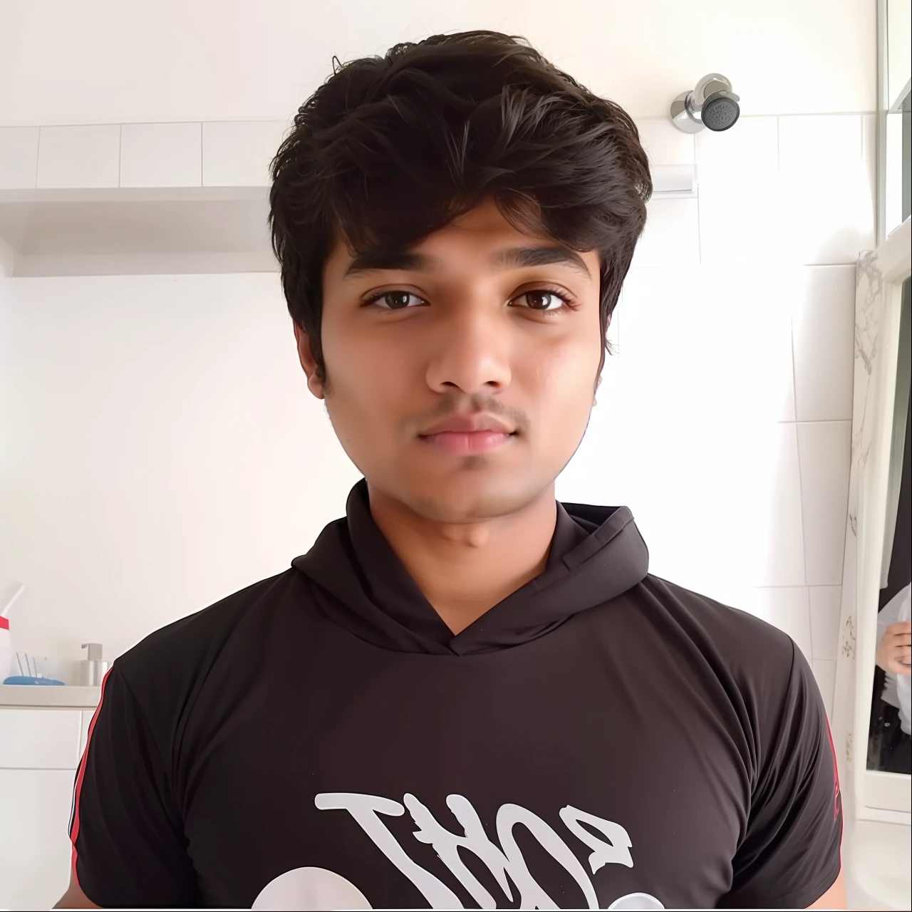 there is a young man standing in a bathroom with a black shirt, jayison devadas, with accurate face, portait photo profile picture, profile pic, without helmet, ayan nag, without beard, facebook profile picture, vastayan, front profile!!!!, around 1 9 , in tshirt, profile picture 1024px, selfie photo