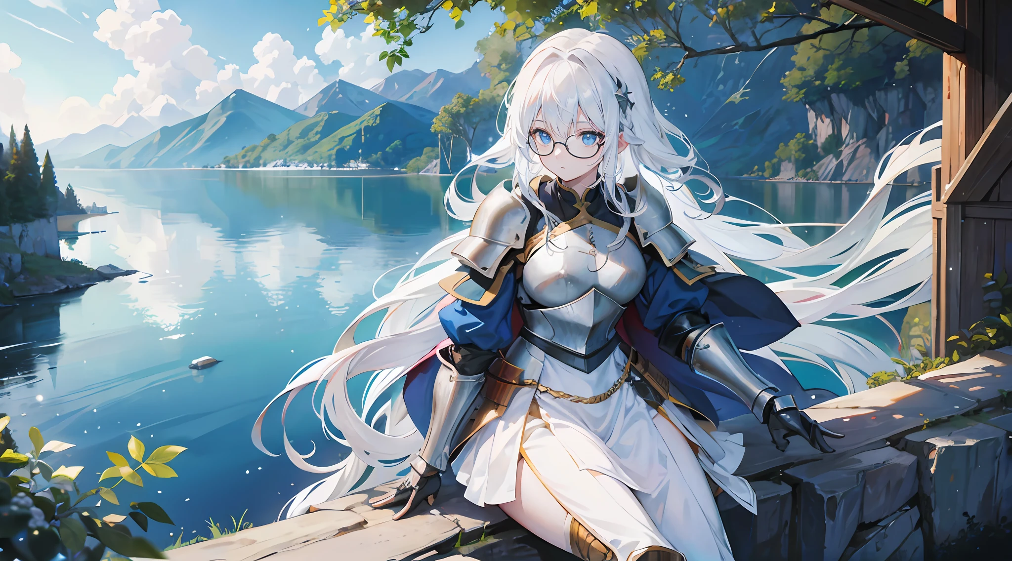 female knight looking out over a lake on top of a cliff, medieval armor, highly detailed,long white hair, glasses
