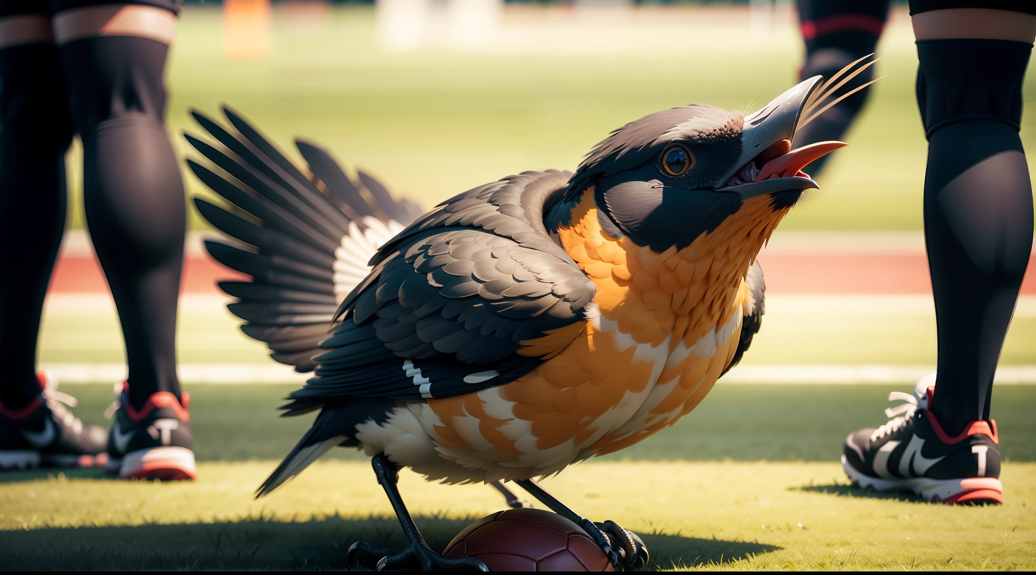 A bird stops on a football field,There is also a football next to it,In the distance, there are legs of several football players running from both sides of the picture,closeup cleavage,Background bokeh --auto