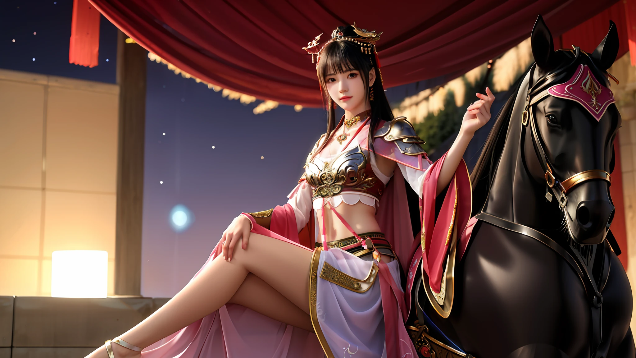 best qualtiy, tmasterpiece, A high resolution, 1girl, battleground background,Pink ancient Chinese transparent bikini, Cloak,Gauze clothes,metalcollar, Ancient sword,hair adornments, choker necklace, jewely, beautiful face, small heads,upon_body, Tyndall effect, realisticlying, edge lit, twotonelighting, (highdetailskin:1.2),tmasterpiece:1.3, 8K UHD,Fine eyes,二重まぶた, digital SLR camera, gentle illumination, high high quality, Volumetriclighting, Frankness, photore, A high resolution, 4k, 8k, bokeh,Pink the bikini,Ancient sword,with light glowing,Embroidery on the chest,metal breastplate,tight-fitting,Exposing the abdomen,arma,Short wrist guards,stocklings,Lace,ride horse,Beautiful Women with Perfect Figure,maga,One-fifth of the character standing picture,(The character is in the lower part of the picture:1.5),Xianxia,Beautiful