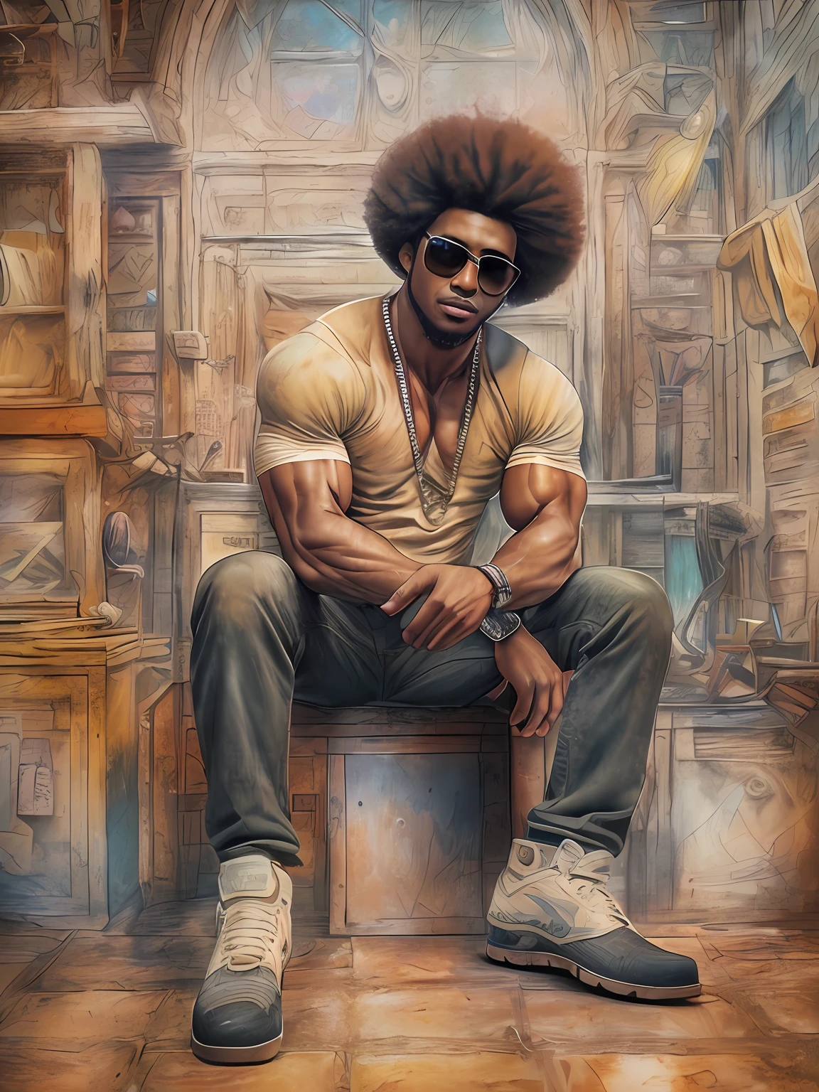 A sturdy muscular man、sharp eye、Magnificent and realistic、a picture、Faded、Complicated stuff、the complex background、soaked、neutral colors、((((hdr))))、((((Mute Color))))、complex scenes、art  stations、intricate-detail、afro、Black and round sunglasses、