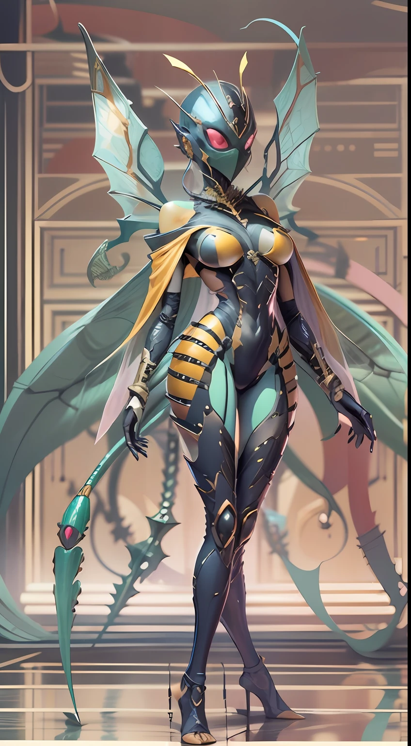 Cartoon photo of a woman in a fitted costume、Hot Bee Humanoid Female、Bewitching、a person々takeout、Guyver Style、SFW version、Scarabeleploid、mask、Cel Shade Adult Animation、Alien Queen、