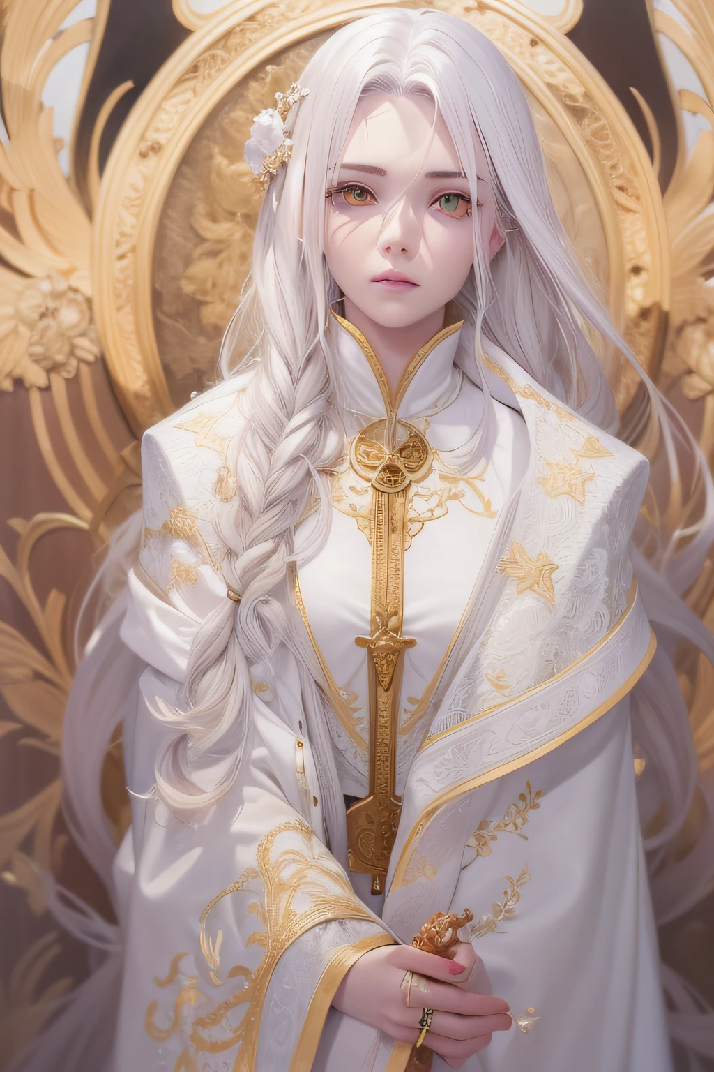 Need,tmasterpiece,whaite hair,Golden eyes,Manteau blanc,Look up,The upper part of the body,Hairline,Fair skin,SideBraid,Sword Spirit,Oil painting style