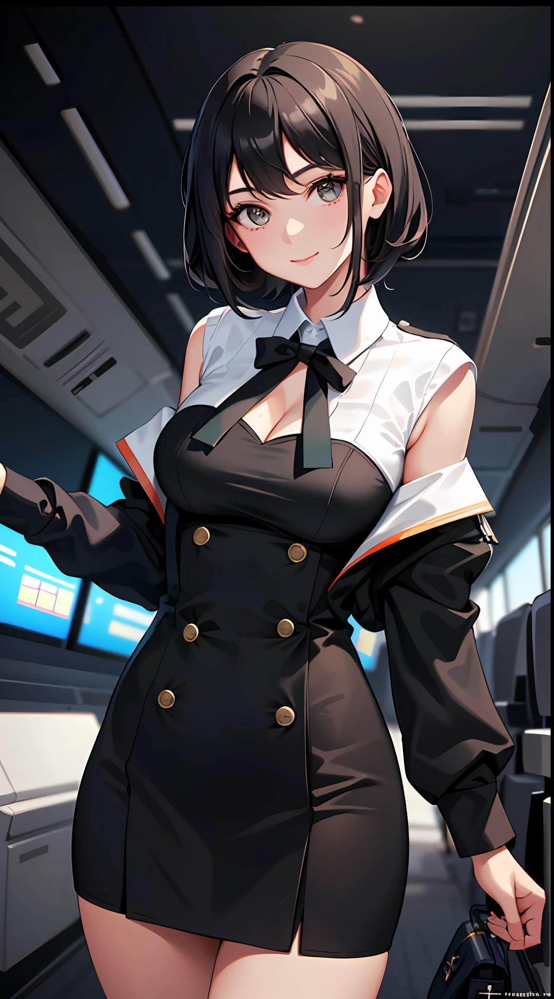 stewardess,Flight attendant costumes,By plane,waitor,Best quality at best,tmasterpiece,1girll,10years old,The upper part of the body,closeup cleavage,with short black hair,(little breast),big breasts beautiful,looking at viewert,ssmile,particle fx,Off-the-shoulder attire,black big eyes,Close-up,sportrait,Overlooking,perfect detail