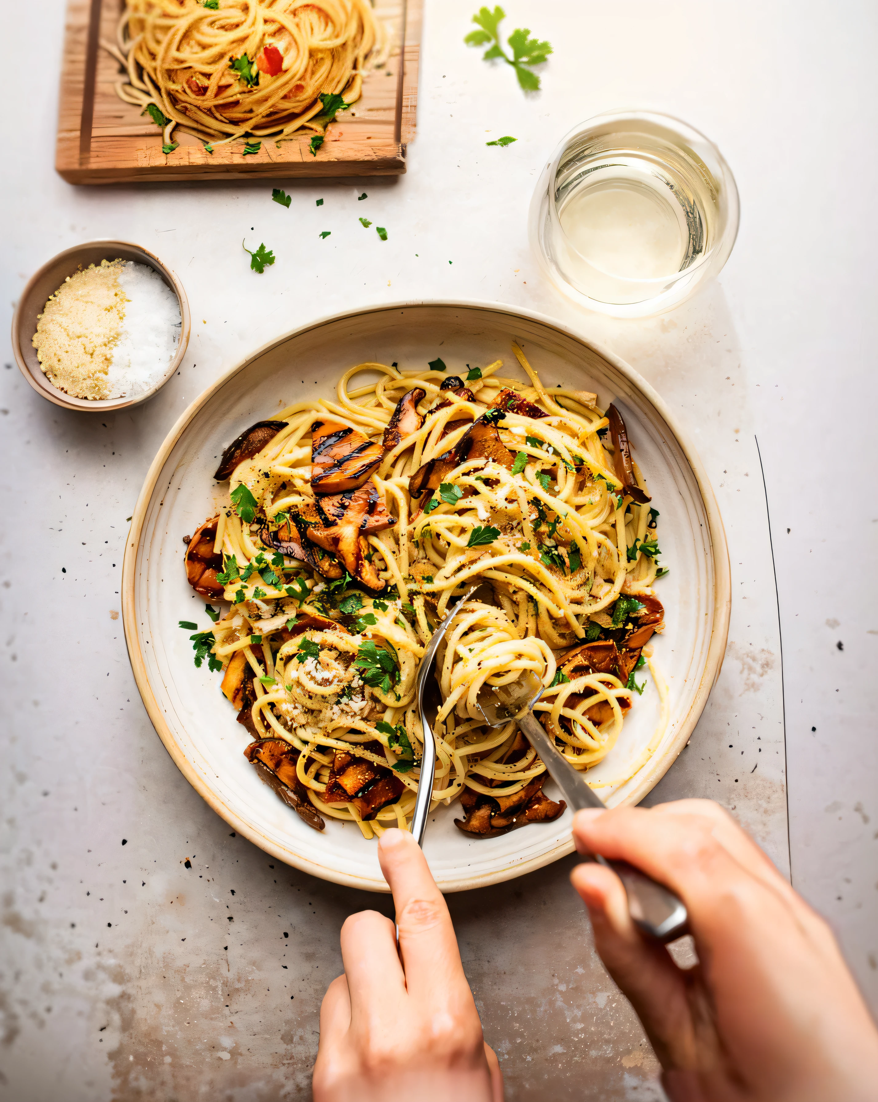 a person is eating spaghetti with mushrooms and parsley, eats pasta all the time, ❤🔥🍄🌪, high quality food photography, pasta, served with pasta, eating spaghetti, eating spaghetti from a bowl, spaghetti, styled food photography, easy, profile image, professional food photography, 3 4 5 3 1, made of spaghetti, yummy, italian masterpiece, inspiration