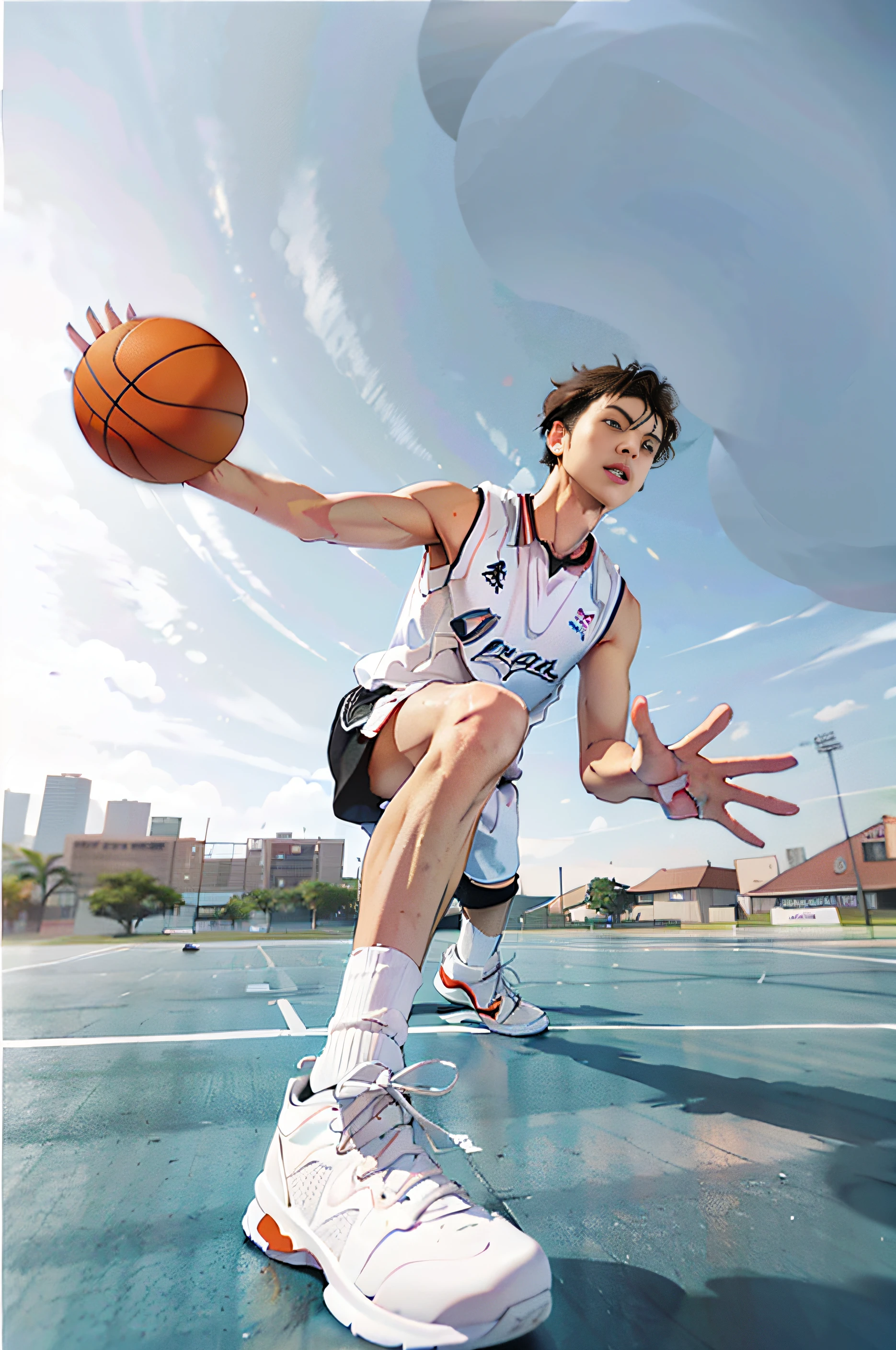 Allard man in white shirt and white shoes plays basketball on the court, dynamic low angle shooting, extreme low angle long shot, wide angle dynamic action shot, extreme low angle shot, shooting angle from below, wearing basketball jersey, Playing basketball, Shot from below, wide angle dynamic portrait, trending on dribbble, very low angle, low  angle shot