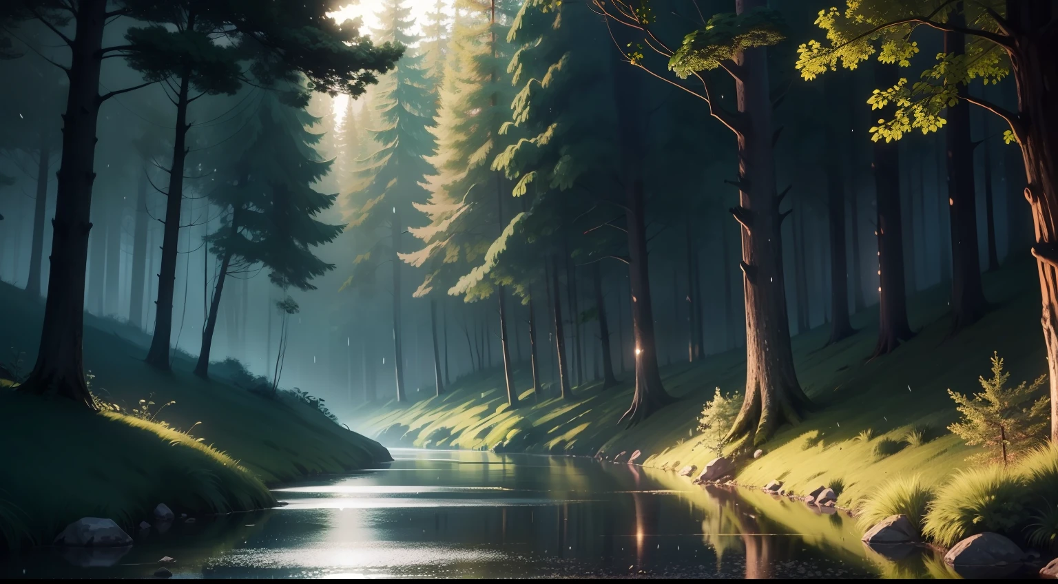 peaceful nature forest raining, night, realistic, 4k, verossimil, trees, river