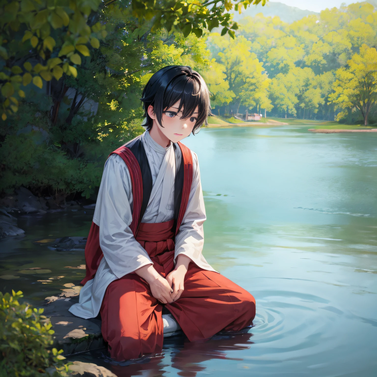 A boy with short black hair wearing period costume,Meditate by the lake