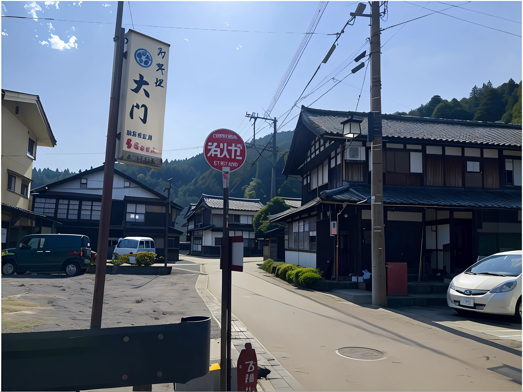 There is a stop sign on the corner of the street, japanese rural town, japanese town, Town, japense village in background, japanese village, taken with sigma 2 0 mm f 1. 4, In Karuizawa, Surrounding small towns, rural japan, Edo period house in the background, japan rural travel, 2 4 mm iso 8 0 0