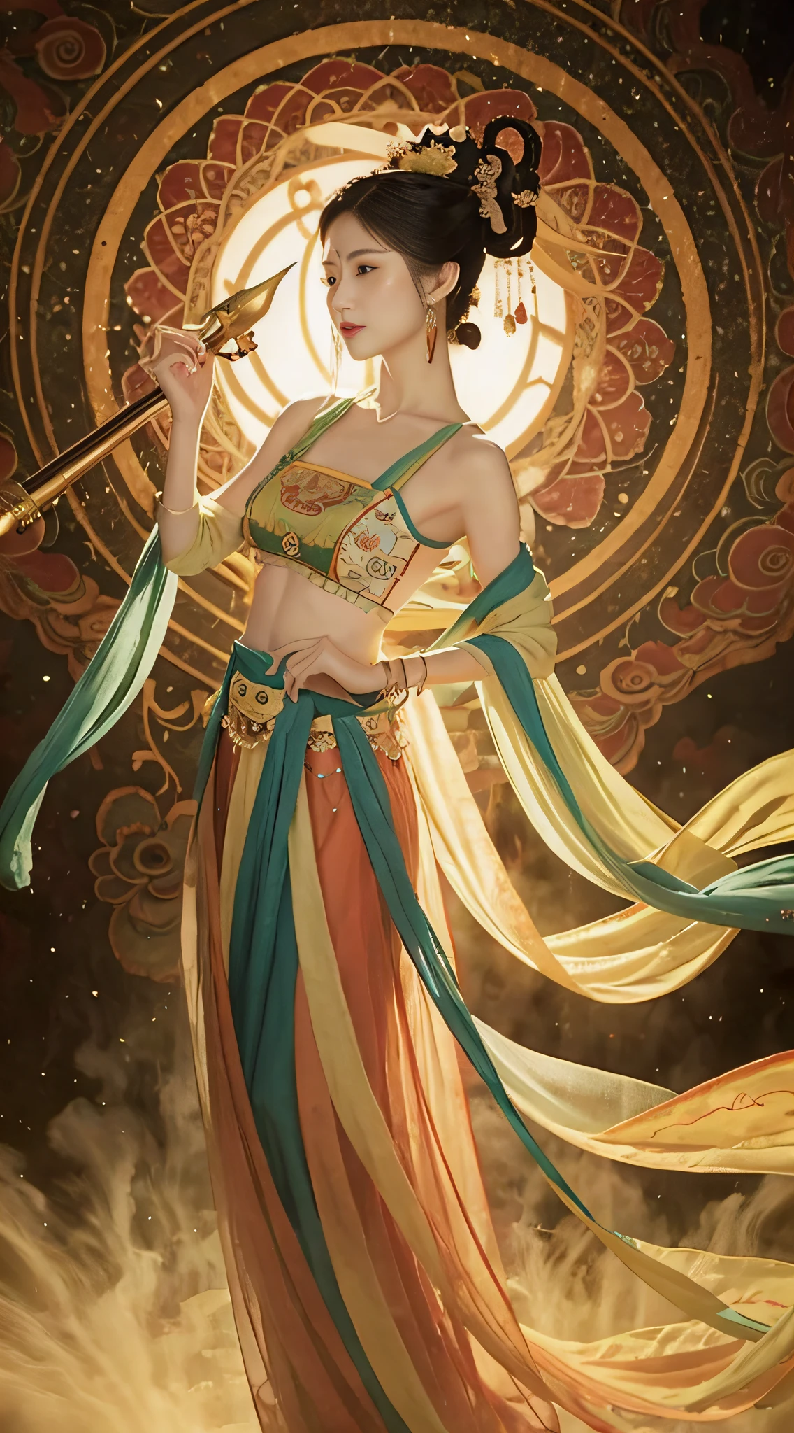 tmasterpiece, Traditional chinese painting, 1个Giant Breast Girl, long whitr hair, looking at viewert,dances,Perfect facial features, Titillating, O spirit, drak, dunhuang_style, dunhuang_cloths, UHD Dragon Horn, The dragon is flying, 4k, Best quality at best, super detailing, Award-Awarded, high qulity,Best quality at best,high detal