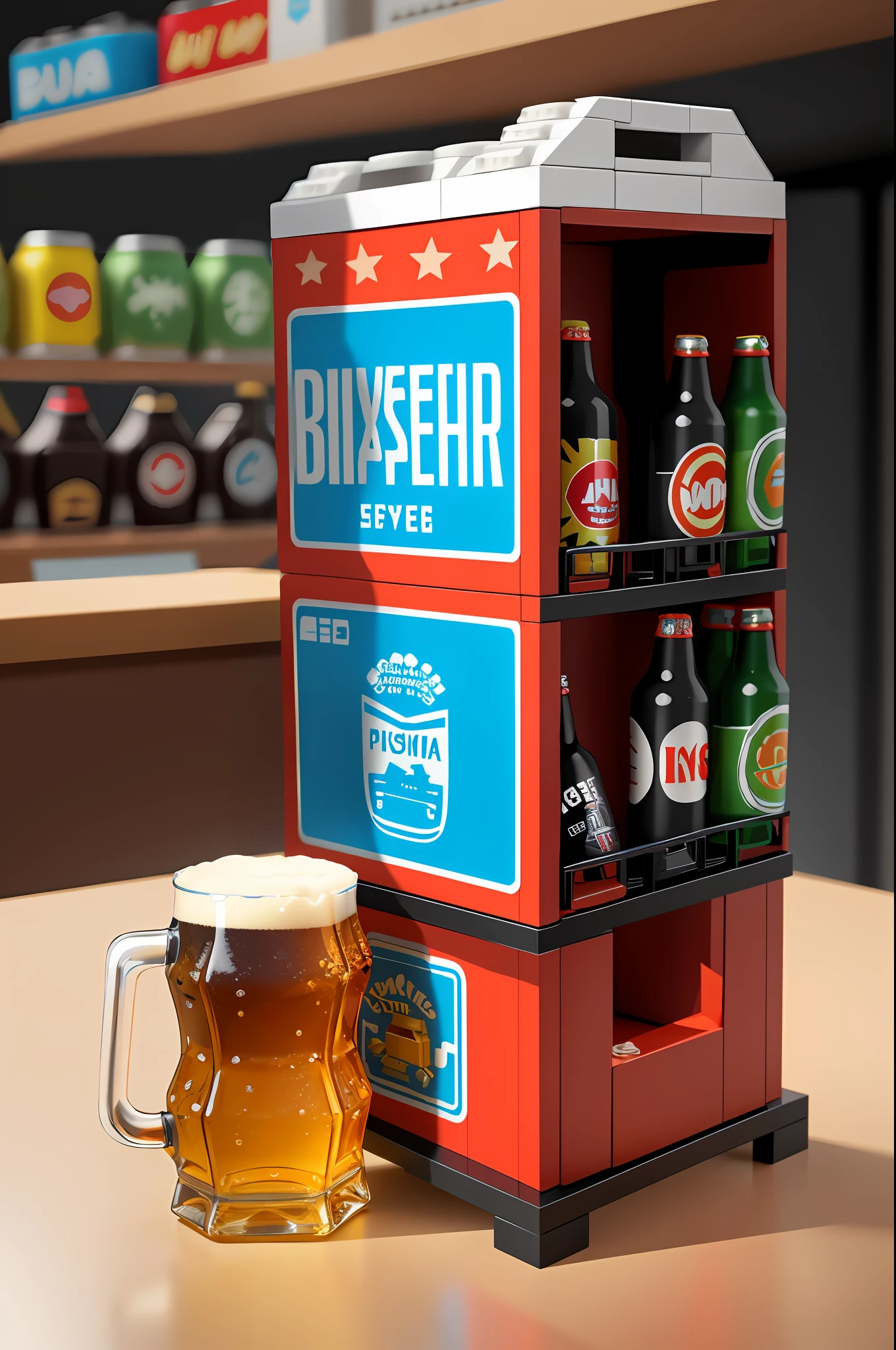 lego style,Piva,beer bottle,beer mug,beer cans,toys,Bar scene,Rich color combination,Blind box style,toy model,Voxel style,The is very detailed,超高分辨率,8k ultra high definition