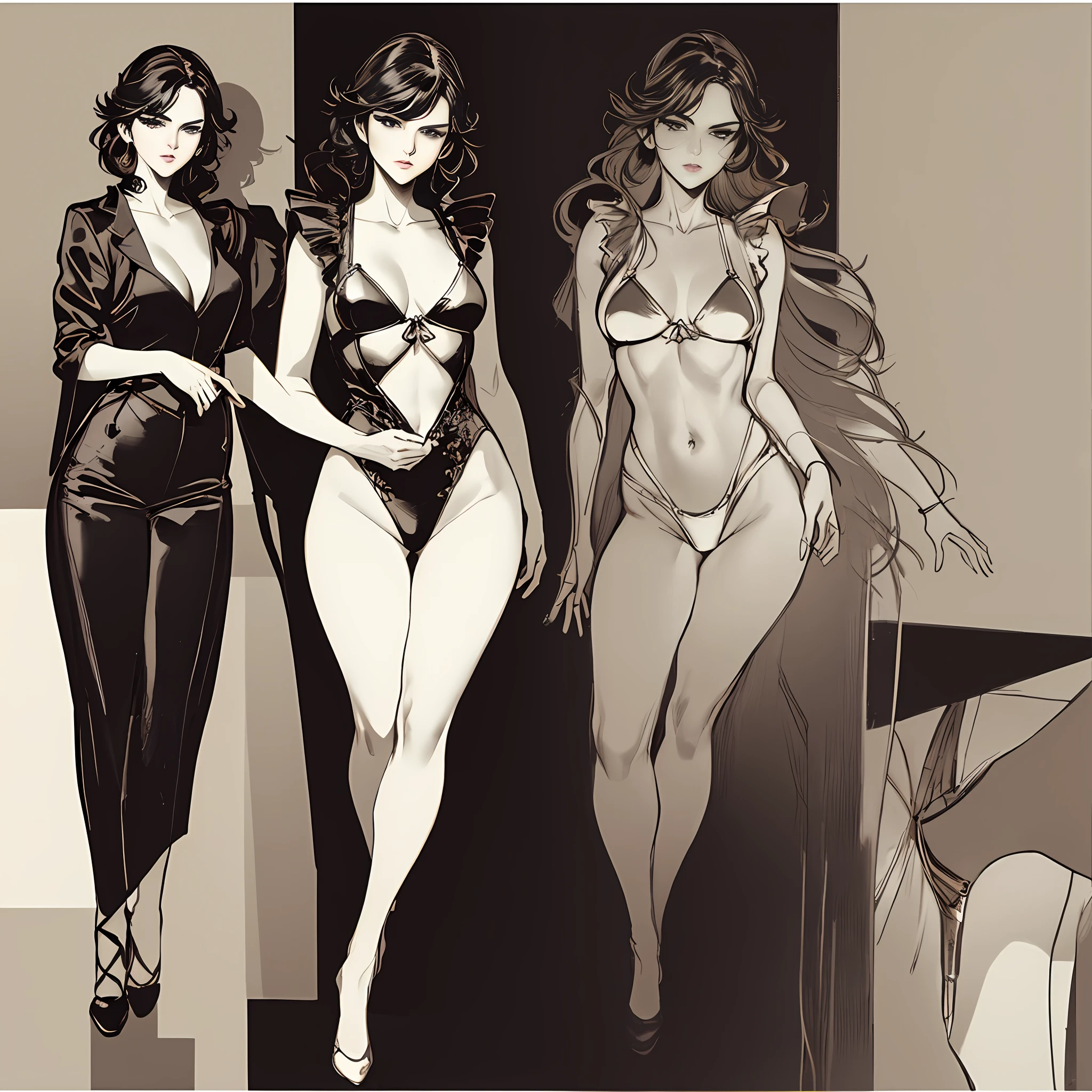 Illustration art, full body movement, sexy woman in black outfit, underworld woman, very cool facial expression, gorgeous background, great erotic art, line art, sexy art, detailed body part details, long legs, inspired by J.C. Leyendecker, epic European and American illustrations