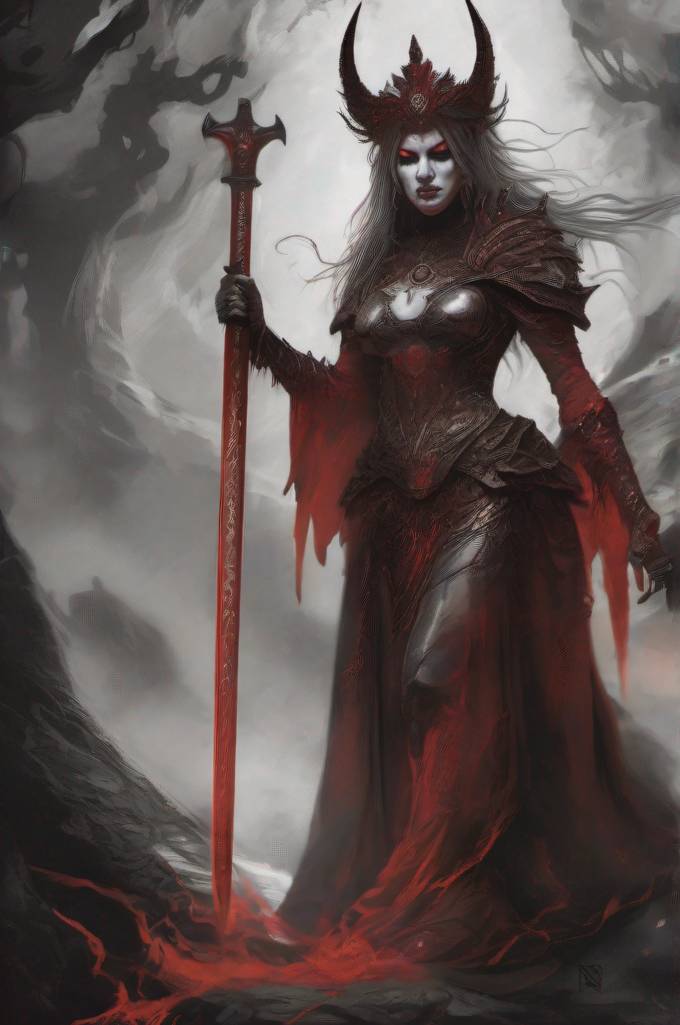 In this chilling and mesmerizing masterpiece, a woman stands tall as the dreaded Demon Queen of the Underworld. The artwork's high quality and meticulous attention to detail immediately draw the viewer into this dark and haunting realm.
Her appearance is both stunning and terrifying, as intricate details in her demonic features evoke goosebumps with every glance. Her skin is pale and ghostly, contrasting sharply with the fiery red glow of her eyes, which burn like flames from the depths of the underworld.
Clad in a regal yet sinister attire, the Demon Queen wields a red-glowing sword that seems to pulse with an otherworldly power. The awesome detail in the weapon gives it an air of malevolence, as if it hungers for the souls it seeks to claim.
In this action shot, the Demon Queen is depicted mid-battle, her red sword raised high as she absorbs a soul orb into her being. The soul orb glows with an ethereal light, hinting at the tragic fate of its previous owner. The scene is cinematic in its intensity, as if it were a frame from an epic horror film.
The atmosphere is dark and intense, with a haunting ambiance that sends shivers down the spine. The background is a nightmarish landscape of the underworld, where rivers of hot, glowing lava flow, casting an eerie glow on the surroundings. The fiery rivers add to the sense of danger and malevolence, emphasizing the demonic nature of the Queen's realm.
The overall composition of the image is incredible, capturing the ghostly and demonic essence of the underworld queen. The artist's skillful use of color and shadow creates a sense of depth and realism that makes the viewer feel as if they are witnessing a scene from a nightmare.
Unbelievable in its horror and beauty, this image leaves a lasting impression, evoking a sense of fascination and fear. The Demon Queen stands as a haunting figure, embodying the dark allure and terror of the underworld, reminding us of the ancient tales of malevolent beings that lurk in the s
