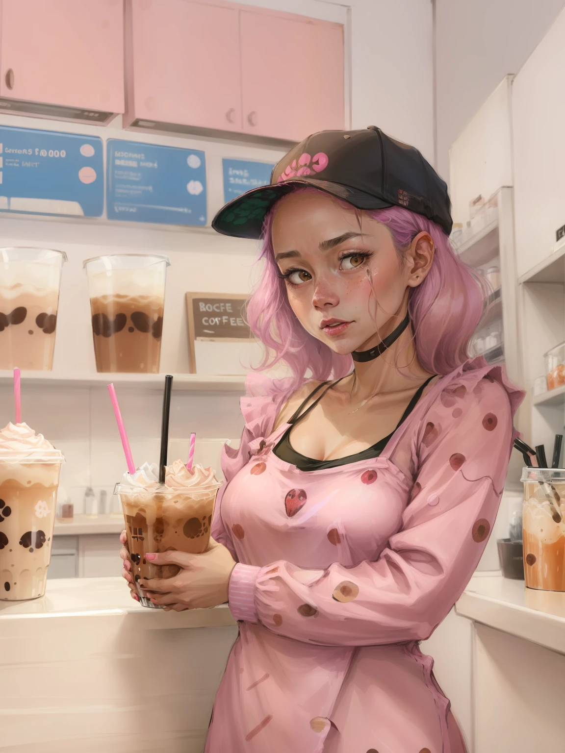 woman holding a cup of coffee in front of a counter, drinking a strawberry iced latte, at the counter, 🤬 🤮 💕 🎀, drinking boba tea, exclusive, by Emma Andijewska, abcdefghijklmnopqrstuvwxyz, 💣 💥, daoshi, captured on iphone, 😭 🤮 💕 🎀, trending ,