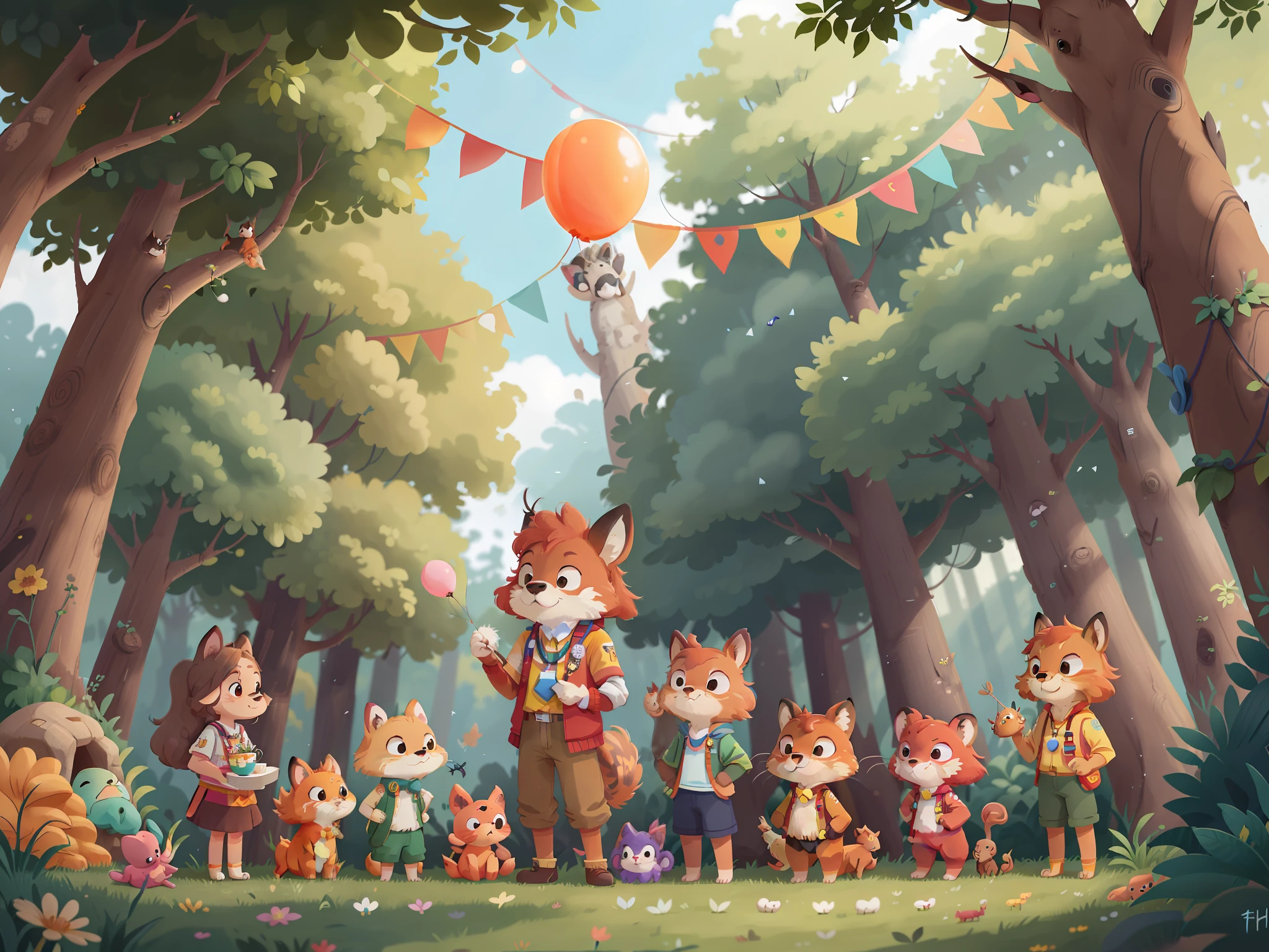 Critters，various animals，sika deer，pussycat，red fox，monkeys，elephants，Ponyta，Standing on the podium，Holding colorful flags，Sky flowers and balloons，Animation style。k hd，Meet in the forest，Chengdu Universiade，Various sports。sport，sport，The animals have medals around their necks，Take two cups