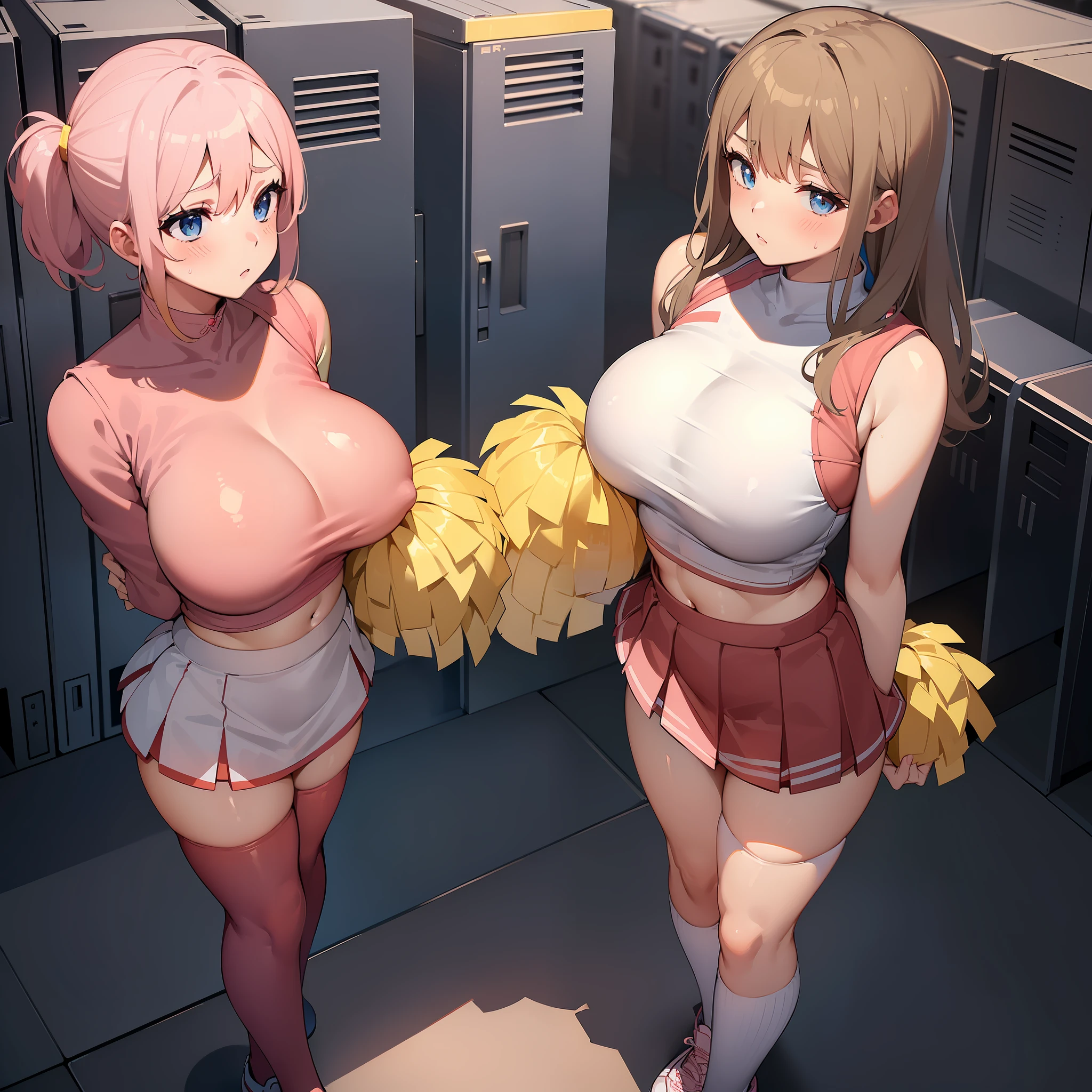 ((perfect body)), ((perfect face)), cameltoe, (blush), ((cheerleader outfit)), (((two girls standing next to eachother))), ((short miniskirt)), ((big breasts)), (photo from above)), (shy), (((masterpiece))), (((tight top))), (((empty hands))), (((in a locker room)))