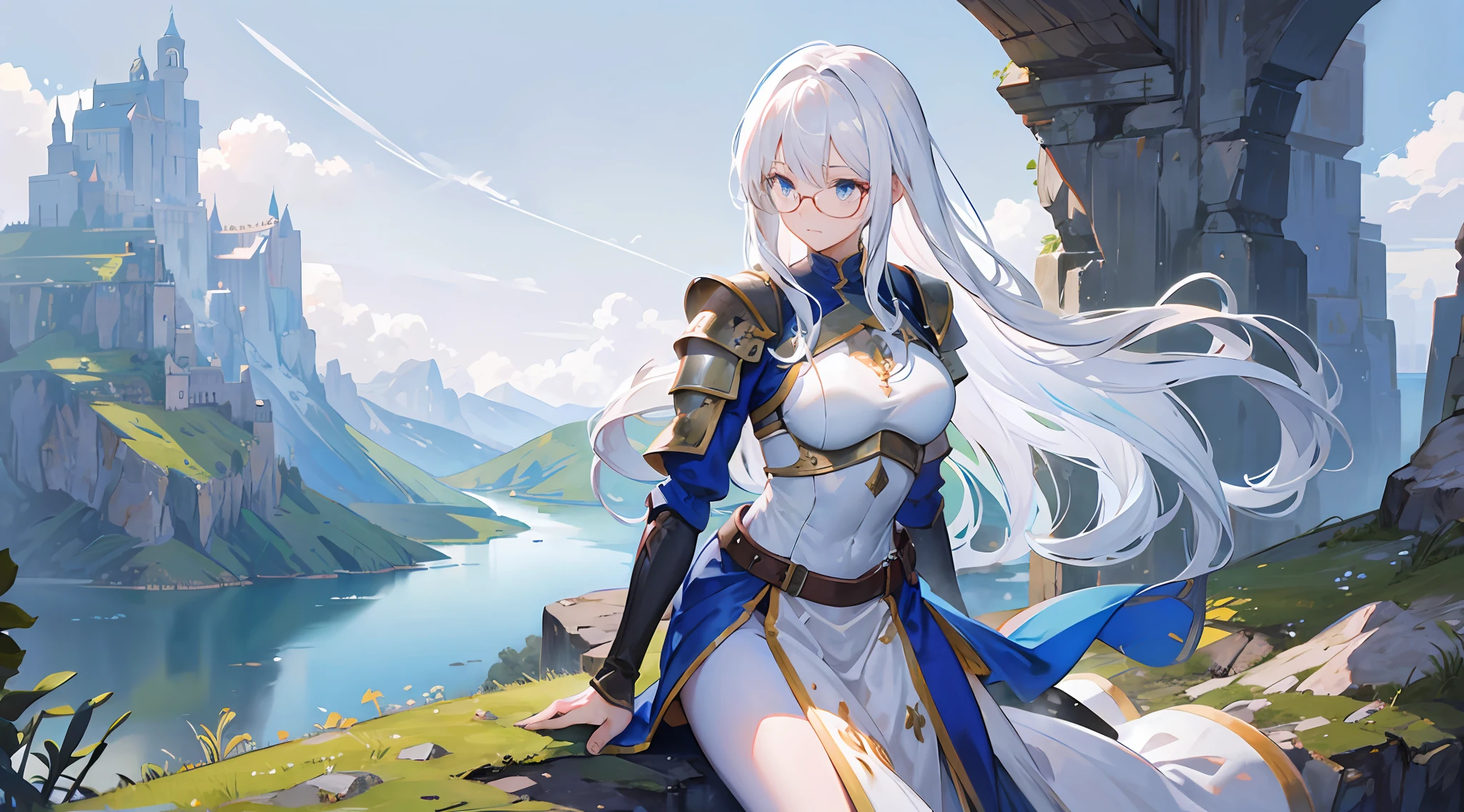 female knight looking out over a lake on top of a cliff, medieval armor, highly detailed,long white hair, glasses
