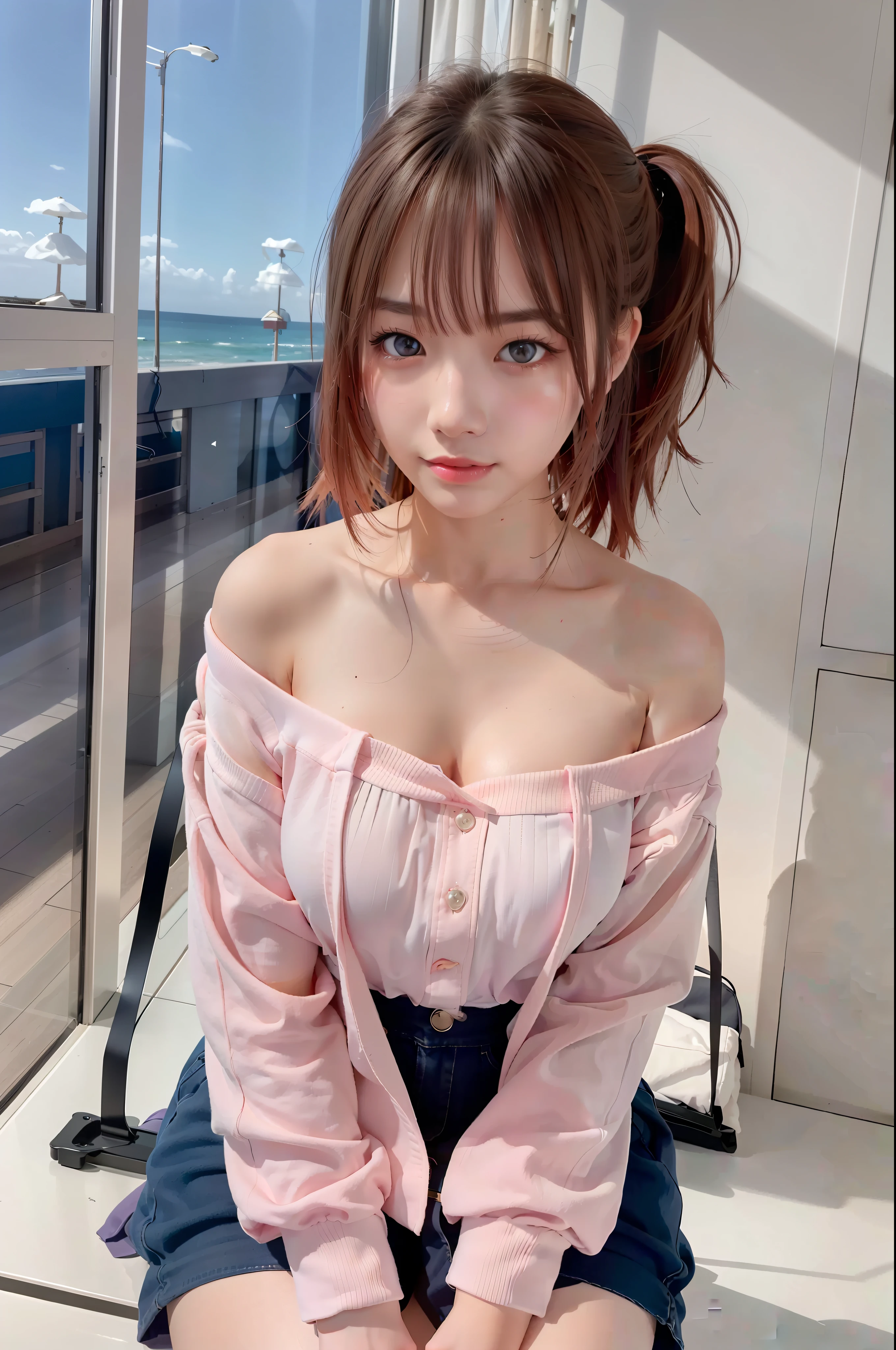 Pink off shoulder sweater , loving expression, blushing, blue eyes, sunset, big breast, off shoulder, cleavage, beautiful asian young girl, attractive pose, asian girl, best quality, masterpiece, high_res, 1girl, hair ornament, upon body, tyndall effect, photo realistic, rim lighting, two tone lighting, (high detailed skin:1.2), 8k uhd, dslr, soft lighting, high quality, volumetric lighting, candid, Photograph, high resolution, 4k, 8k, blonde hair, beach side, yellow eyes, side ponytail, huge breast